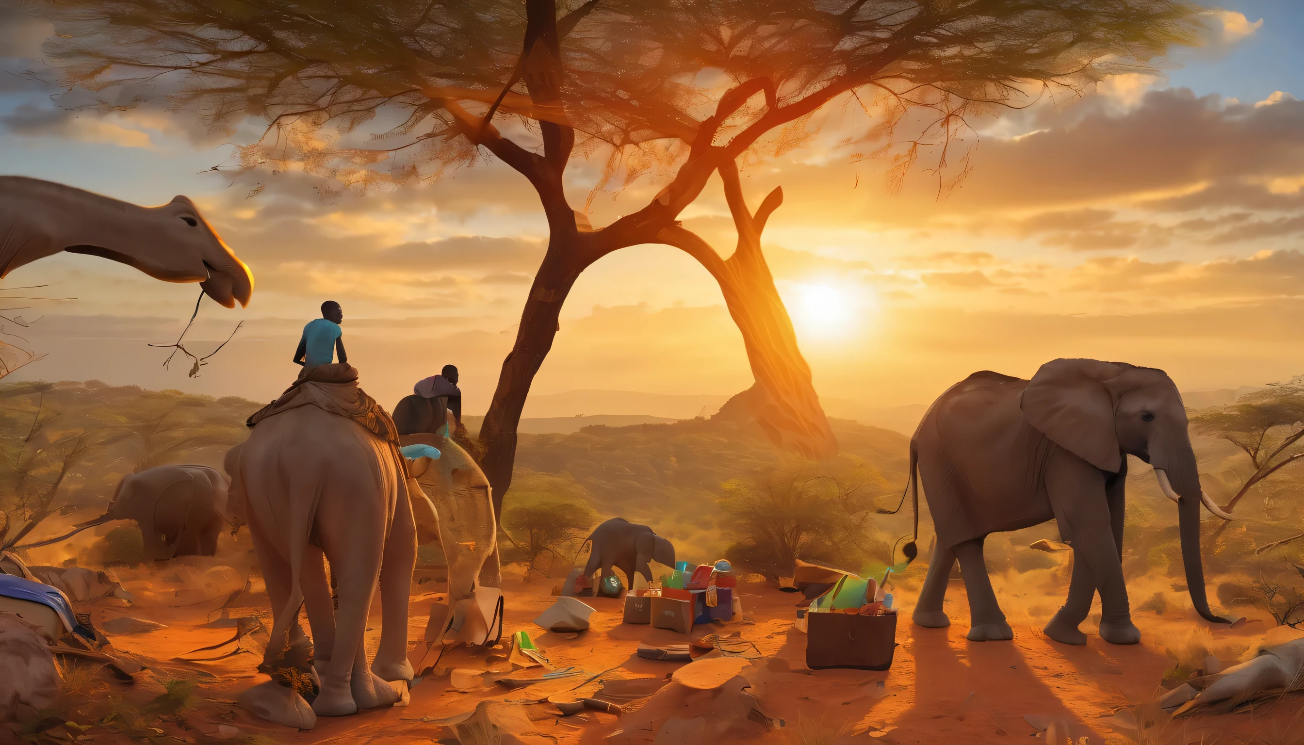 team of plastic collectors, topo da montanha, Savana Africana, plastic waste collection, Garrafas, Sacos, pile of plastic, Sunset, toneladas de laranja, ouro, raios de luz, nuvem, base da montanha, savannah vegetation, spaced trees, Arbustos, Animais, Elefantes, Girafas, lions, birds, biodiversidade, importance of plastic collectors, ambiente natural, Realistic