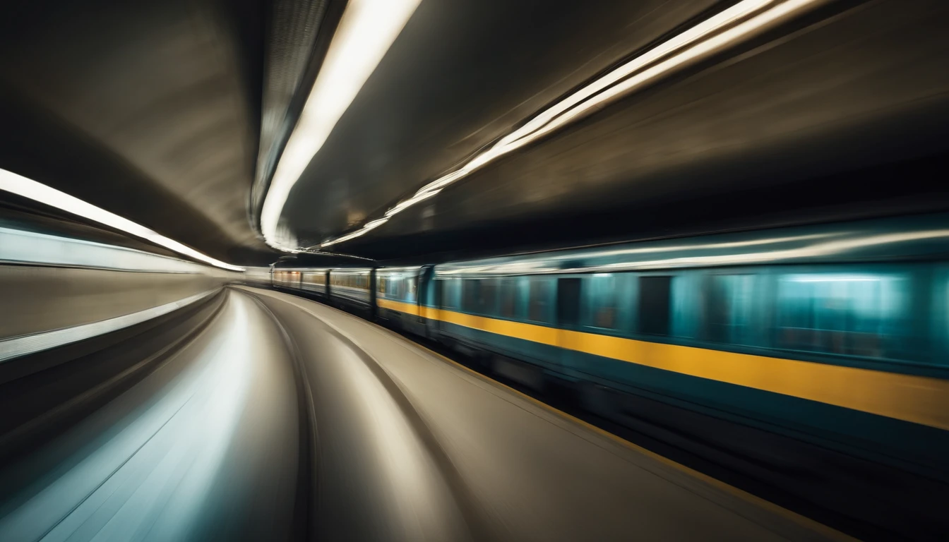 an abstract shot of the train’s motion blur inside the tunnel, emphasizing the lines, shapes, and patterns created by the movement
