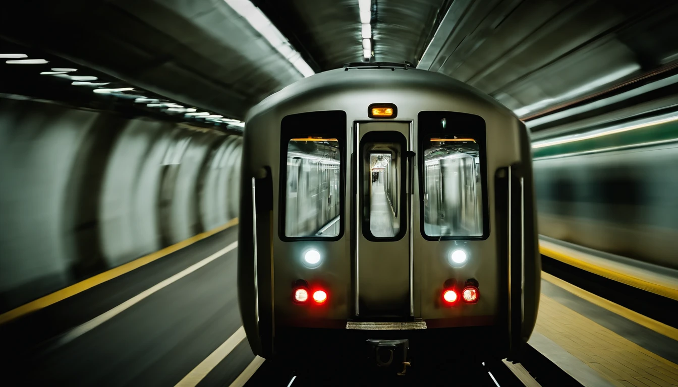 an abstract shot of the train’s motion blur inside the tunnel, emphasizing the lines, shapes, and patterns created by the movement