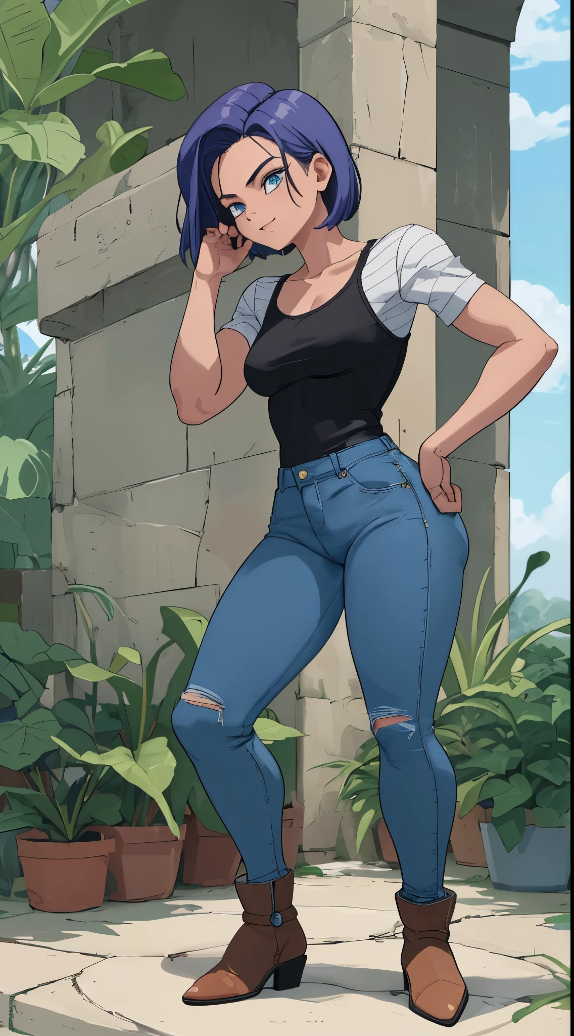 ((master part,best quality)), cabelos loiros, cabelo amarelo, absurdos, android_18_.DB, Denim Jeans Pants, camisa manga longa listrada, colete jeans azul, sozinho, sorridente, Olhando para o Viewer, cowboy shot, cinematic composition, dynamic pose, corpo inteiro, bota marrom, perfil lateral, mostrando o lado da perna, mostrando lateral, de lateral, standing on her feet, corpo inteiro, Denim Jeans Pants azul, reflexo, cabelos curtos, bunda grande, decote, cintura fina, peitos grandes,