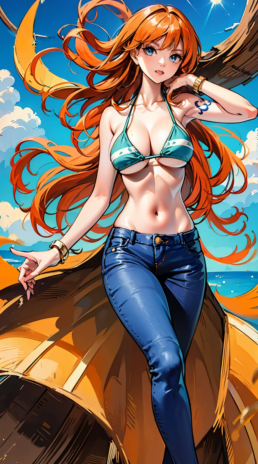 ((巨作)) ((Best Quality)) ((A highly detailed)) ((1Woman)) ((bikini)) ((bikini top only)) ((orange long hair)) ((silky long hair)) ((Right shoulder tattoo)) ((tall ;)) ((One Piece Nami)) ((Nami)) ((wet body)) ((big tits)) ((Attractive eyes)) ((sharp eyes)) ((slim body)) ((High-precision shades)) ((Attractive colors)) ((sky blue)) ((Log pose on her hand)) ((gold bracelets)) , tight , Low length jeans , Light shadows, ultra high quality eyes, detailed eyes, perfect eyes, large eyes, detailed brown eyes