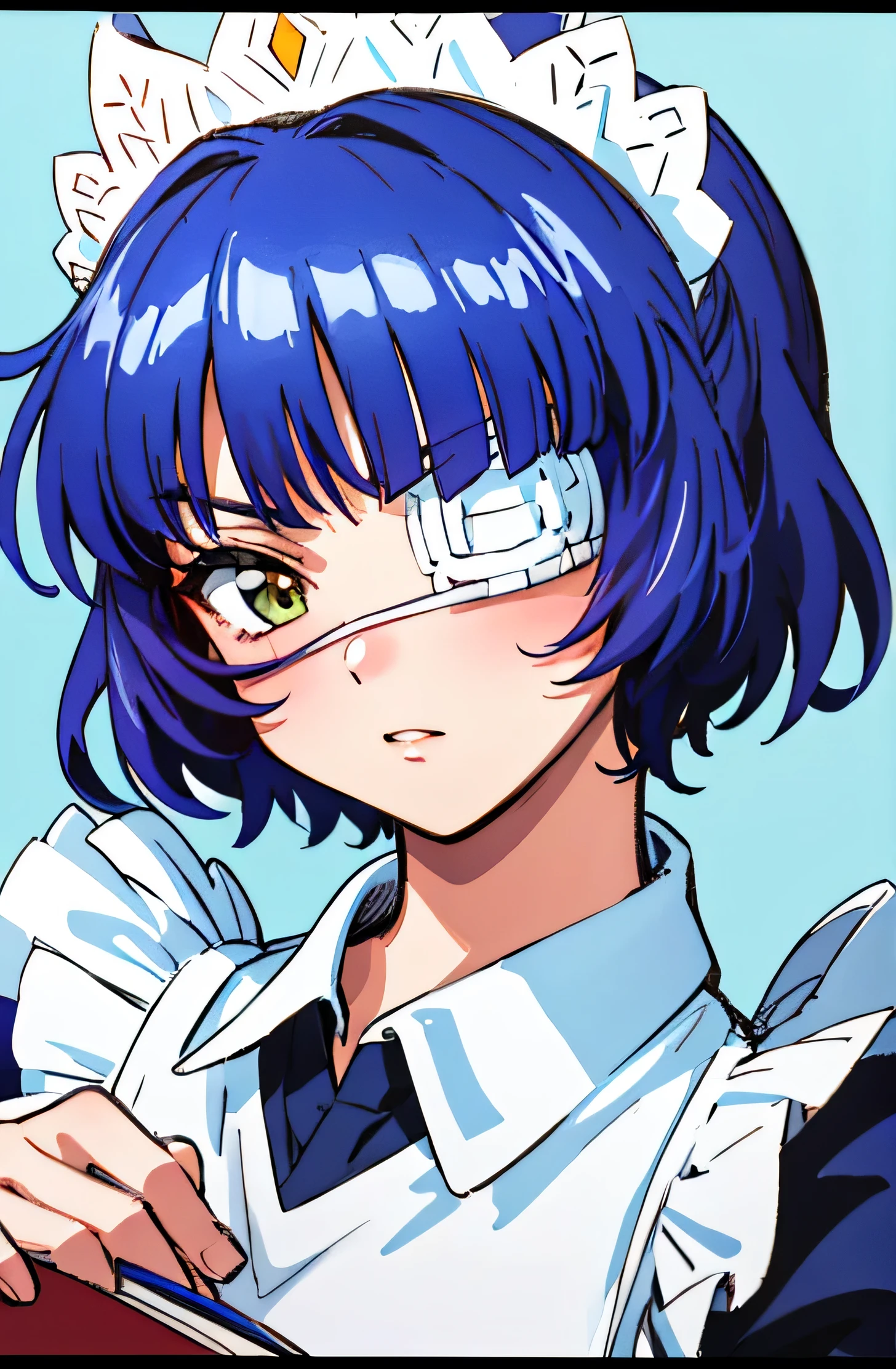 (master part,best quality, circunstanciado), 1girl, sozinho, retrato, Close-up, Serious, Noite, ao ar livre, Olhando para o Viewer, de lado, flagrante,
Ryomou Shimei, maid, medical eyepatch, maid headdress, maid apron, luvas azuis, gravata borboleta vermelha, vestido azul, colar,