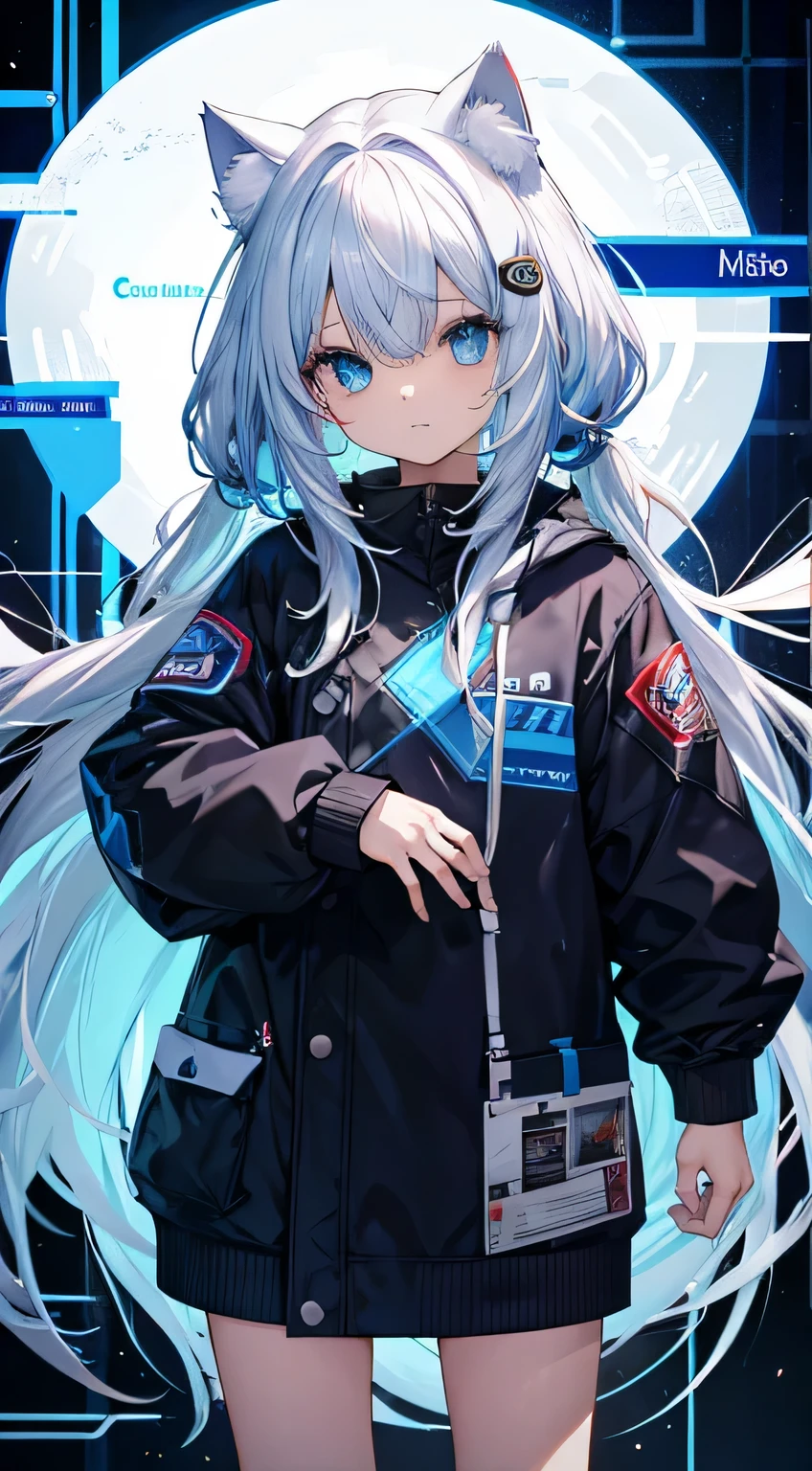 cyber, loli, com roupa estilosa, cabelos brancos, olhos multi azul. com orelha de gato. olhando para o espequitador. fundo cyber. mao fofa