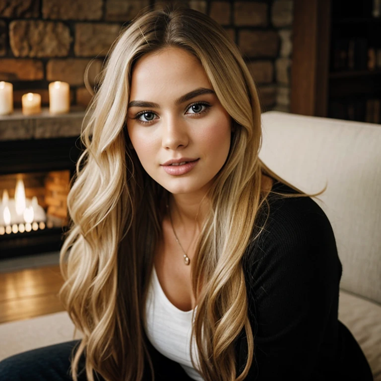 beautiful young girl, long blonde hair, looking at viewer, head portrait, photorealism sitting next to fireplace