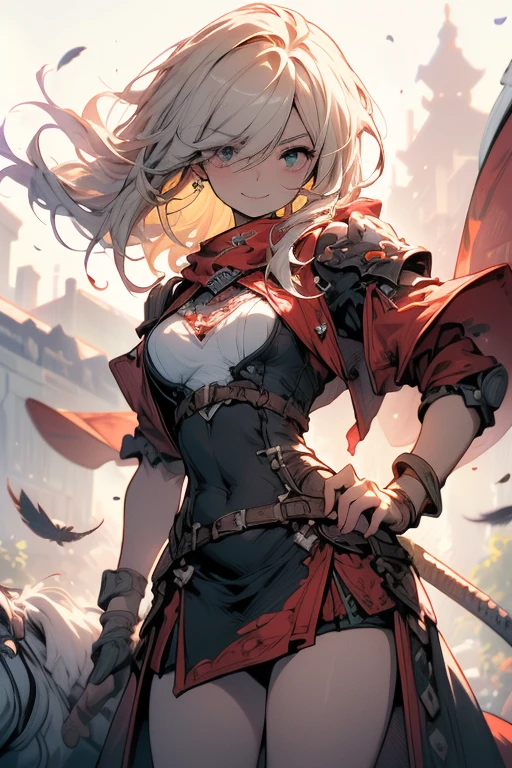 (Masterpiece: 1.5, Best quality, High resolution: 1.3, Super resolution, Super detailed, Ultra detailed: 1.3, Rich background: 1.2, 1 girl)) pale skin + ash blonde hair + golden left eye, gray right eye + eyelashes long bottoms + short pixie hair + longer right bangs covering right eye + medium chest + elegant hands (china inspired outfit, tight qipao dress, open to see thighs, intricate details, intricate jewelry, bracelets, light on the thigh with jade, large fluffy feather scarf) ((gentle smile, pose rising from the ground, golden rings at his side, perspective, scattered white feathers)) (colors used: gold, white, light blue, red, black, gray)