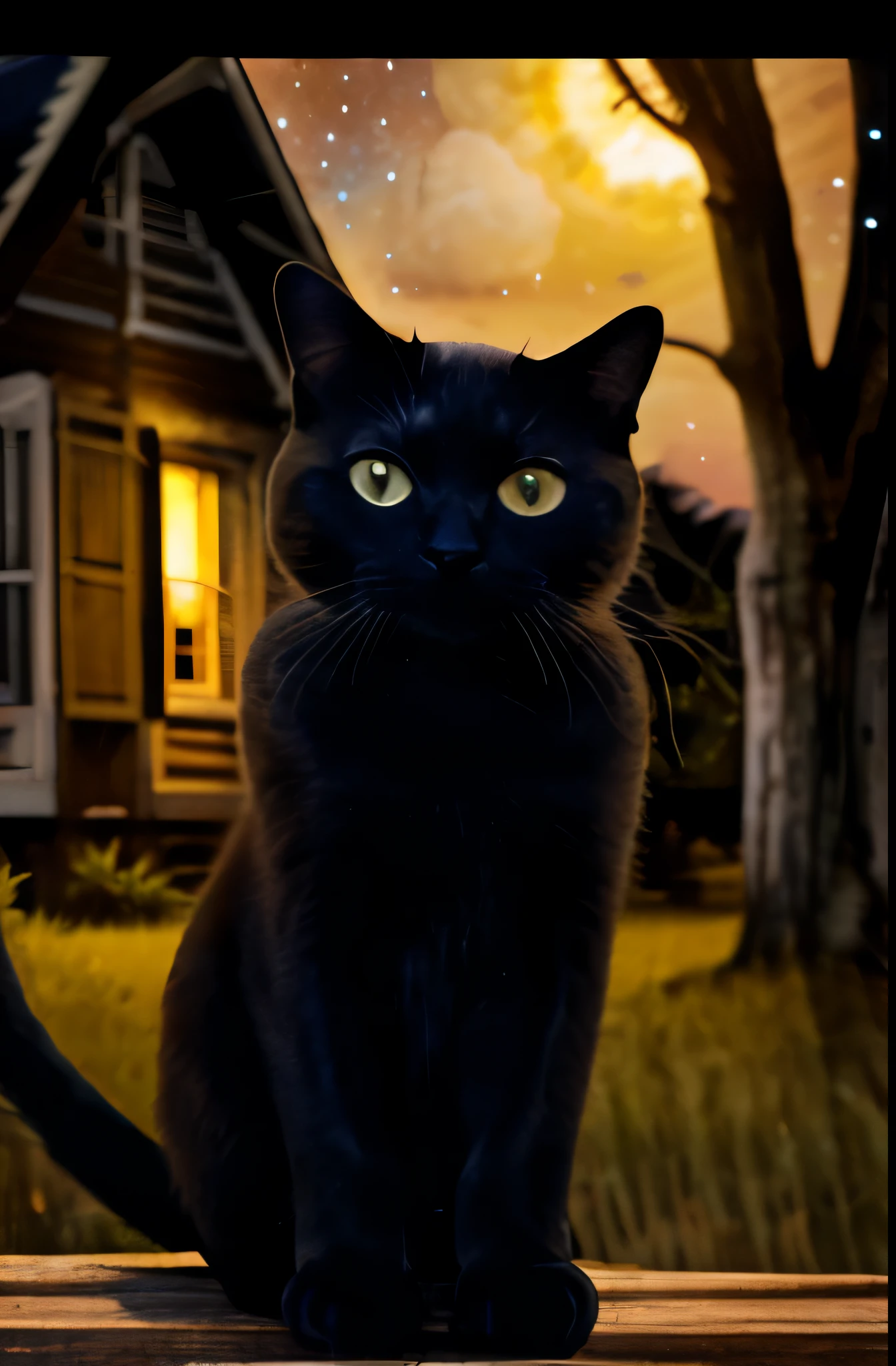 (Realistic:1.5), Masterpiece, cute and sexy witch with orange eyes and black cat, (detailed mysterious background with starry night over old wooden house), soft natural lighting, Faded colors, Cinematic.