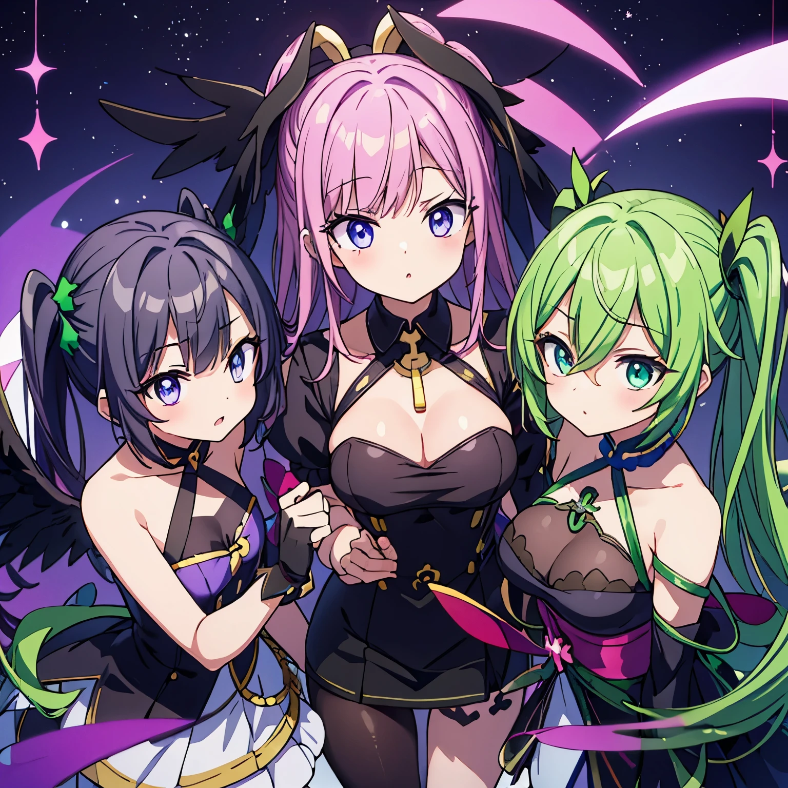 one girls。Circle of angels on the head。Green-haired ponytail。It has three pairs of wings on its back、purple on the right、green on the left。His eyes are golden and have a sharp look.。小柄。small tits。Black dress。Neck warmer sized to cover your mouth(Collar)。Black long gloves。Black tights。