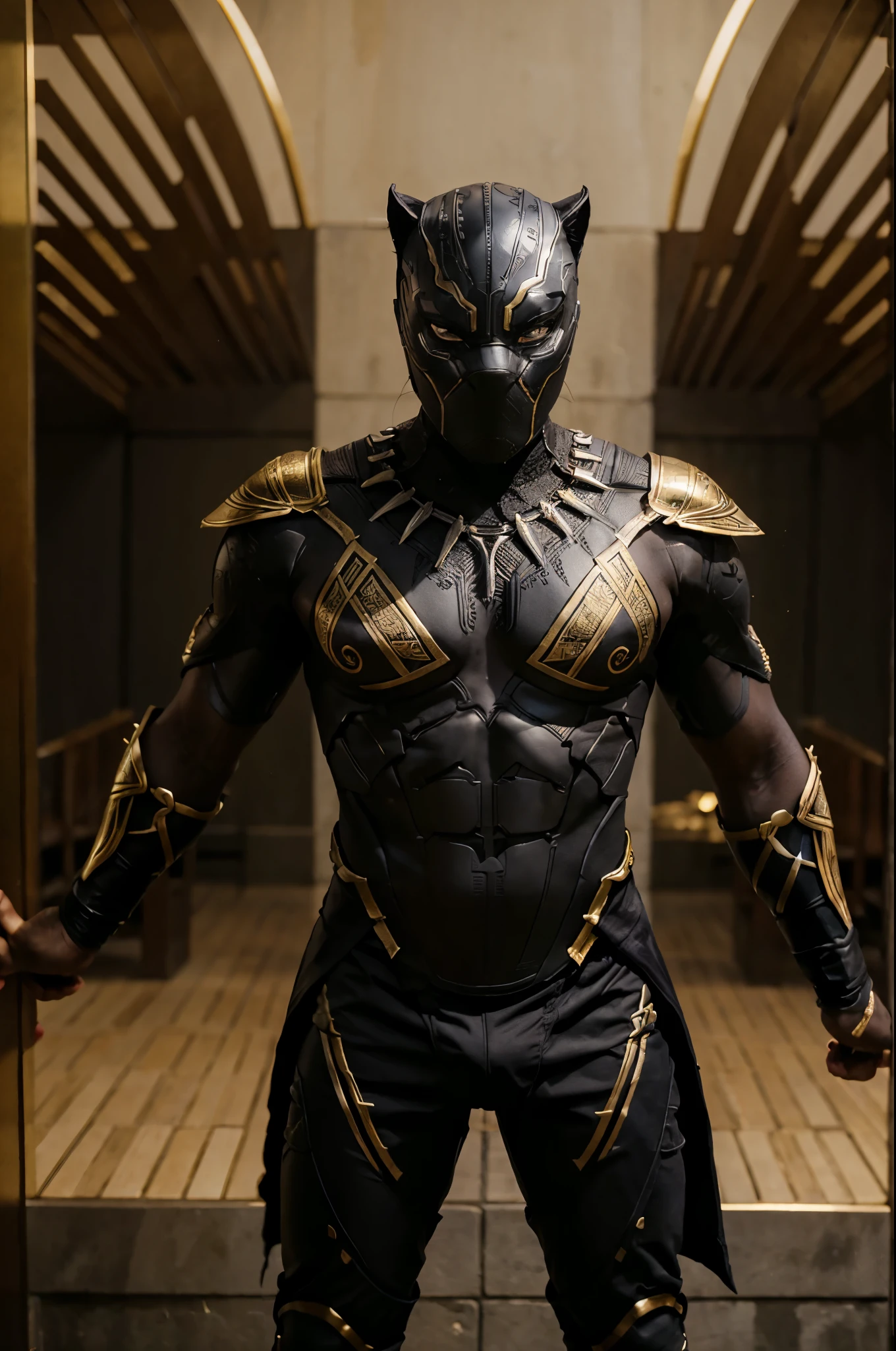 black panther in thai armor, The face has golden line tatoo. in the style of epic fantasy scenes, intense full body photo, films noises, rim light --ar 85:128 --s 1000 .0 --style raw --v 6