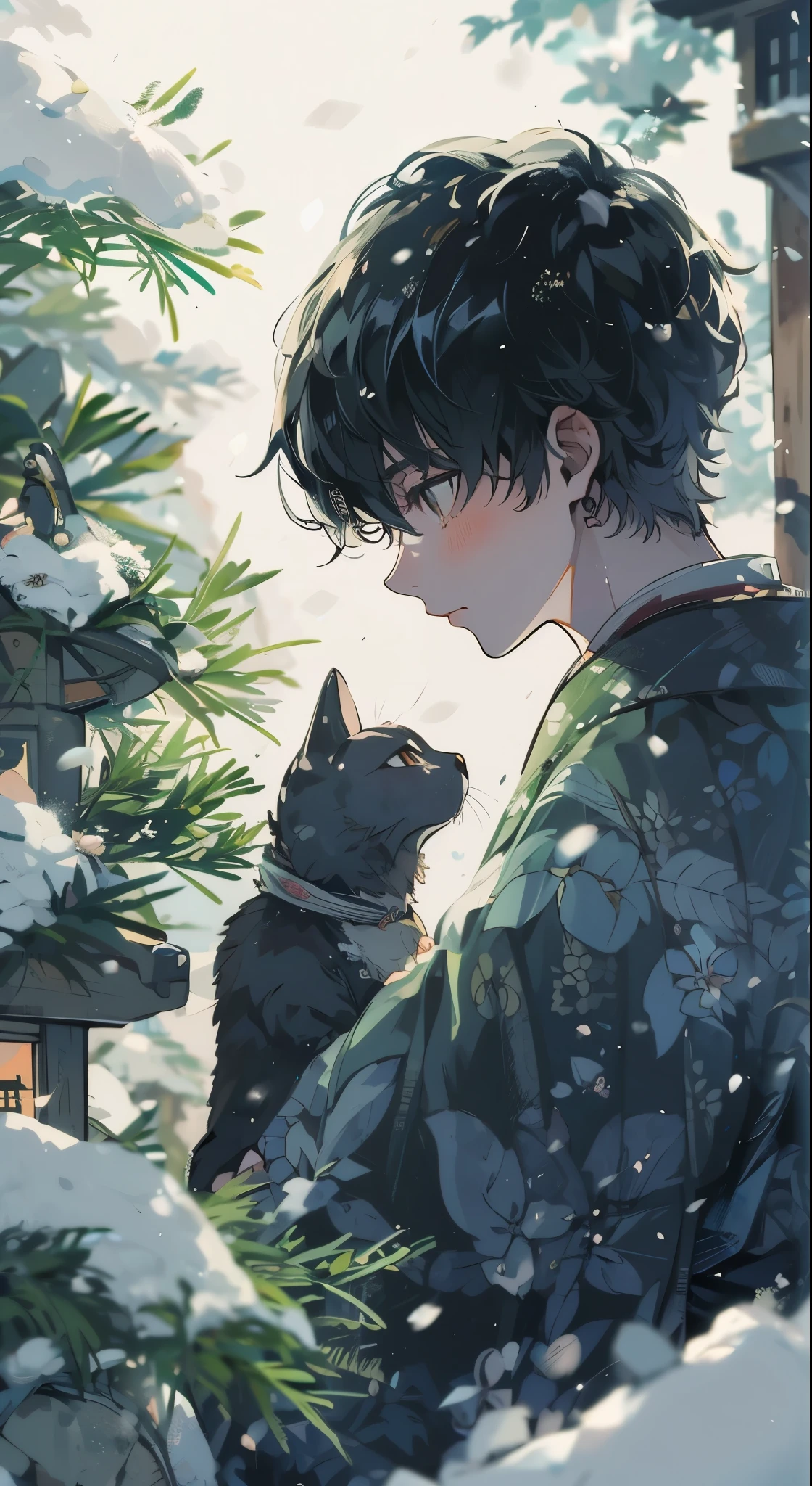 Handsome young man celebrating new year in traditional Japanese atmosphere. The moment just before picking up a black cat and kissing it. quiet garden covered in snow. In the garden there is a small pine tree and a snow-capped stone lantern., Softly illuminated by the early morning light of the New Year. Features smooth black hair, Styled in a classic style, Deep brown eyes that reflect the start of a new year full of hope.