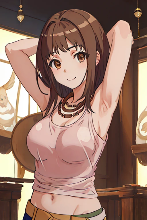 ((Masterpiece)), ((best quality)), very detailed, Detailed background, 1 woman, wavy brown hair, conjunctivitis, sly face , smile , nude , abdomen, big breasts , stand on your hips , abandoned factory, at night