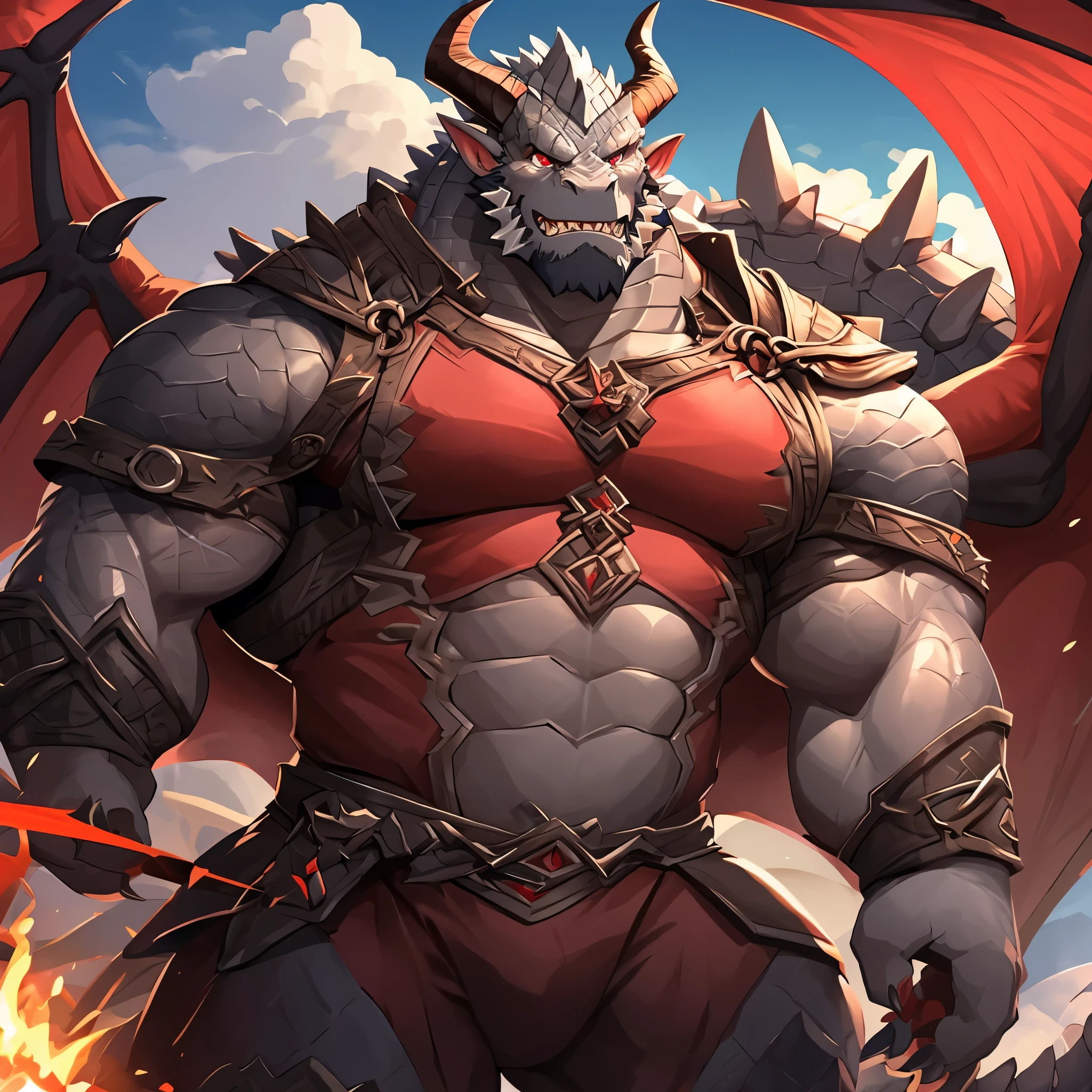 Dragon orcs，male people，burly build。The silvery-gray skin is covered with hard, Thick scales。red color eyes。long, dentes pontiagudos、Dragon horns and dragon claws