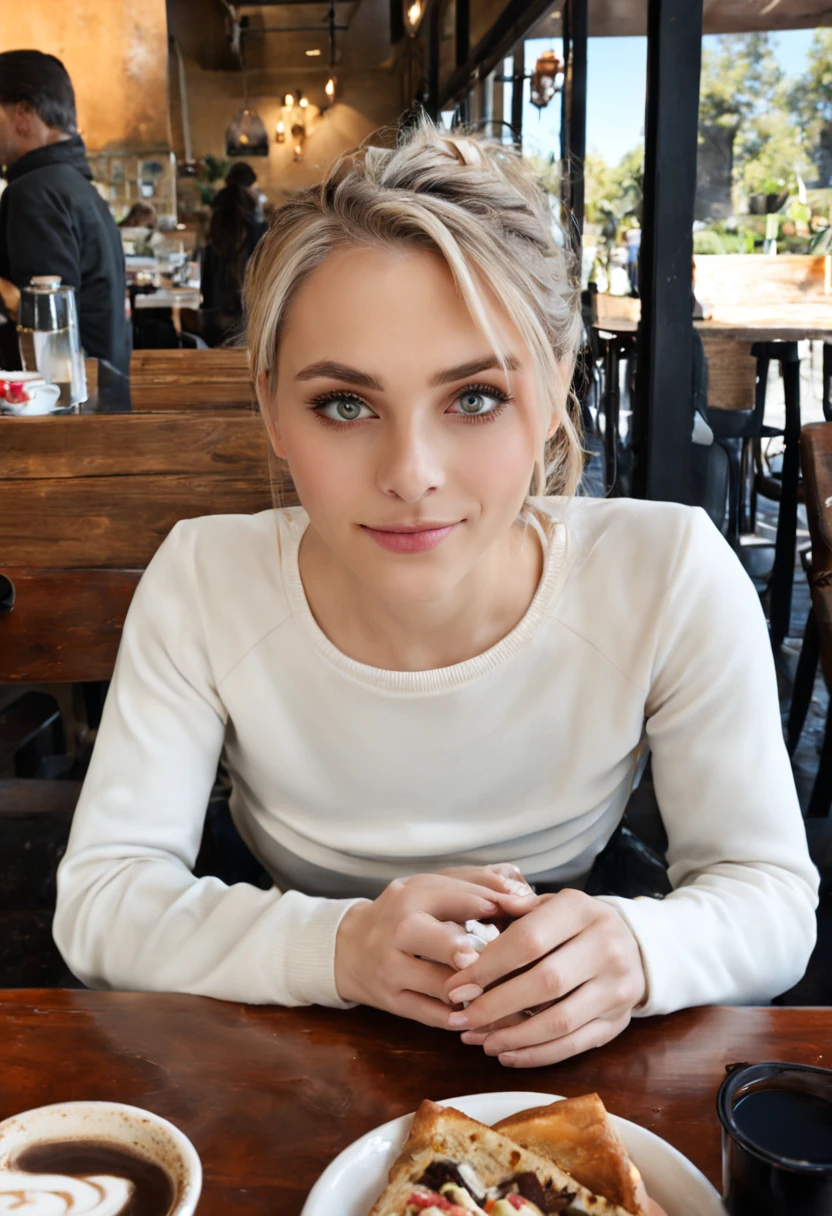 Height 181, light blue eye color, white skin color, wide eyebrow, blonde hair color, ponytail hair, round and elongated pink, medium boobs, hourglass waist, slavic beauty, wearing white sweater،  At the cafe, a wooden table, sitting on a chair, white match top, chocolate and coffee mug on the table, red rose on the table, portrait photo, camera from the front, girl looking at the cobblestone street next to her