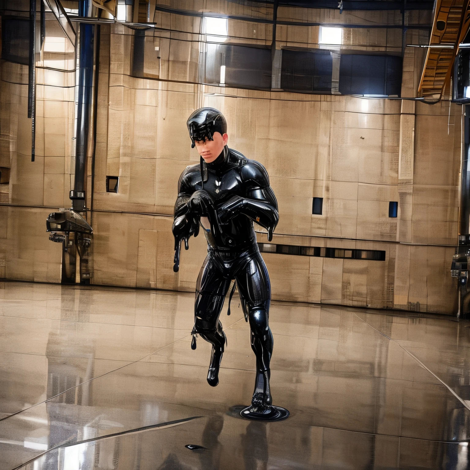 Hd cinematic photorealistic, vehicle helicopter metamorphosis, a man coated in liquid metal goo emerging from a liquid metal nanite reservoir inside military hanger, human Apache helicopter hybridization, safe for work