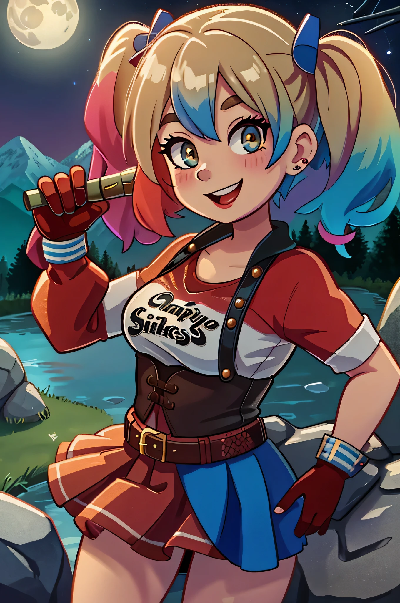 1girl, harleyquinn, twintails, multicolored hair, ((upper body selfie, happy)), masterpiece, best quality, ultra-detailed, solo, outdoors, (night), mountains, nature, (stars, moon) cheerful, happy, mountain boots, gloves, flashlight, forest, rocks, river, wood, smoke, shadows, contrast, clear sky, analog style, (look at viewer:1.2), (skin texture), (film grain:1.3), (warm hue, warm tone :1.2), close up, cinematic light, sidelighting, ultra high res, best shadow, RAW, upper body, wearing pullover