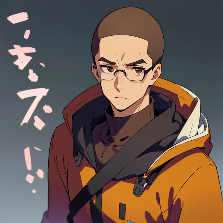 Make an anime character for me. Male, early twenties. brown hair with a buzz cut hairstyle, hazel brown eyes wearing eyeglasses. Give him a frowning expression and make him wear a black hoodie. White background.