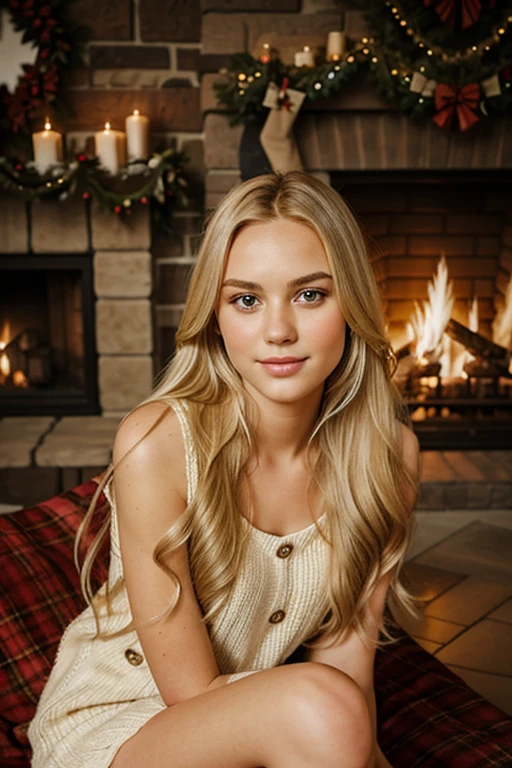 beautiful young girl, long blonde hair, looking at viewer, head portrait, photorealism sitting next to fireplace during christmas