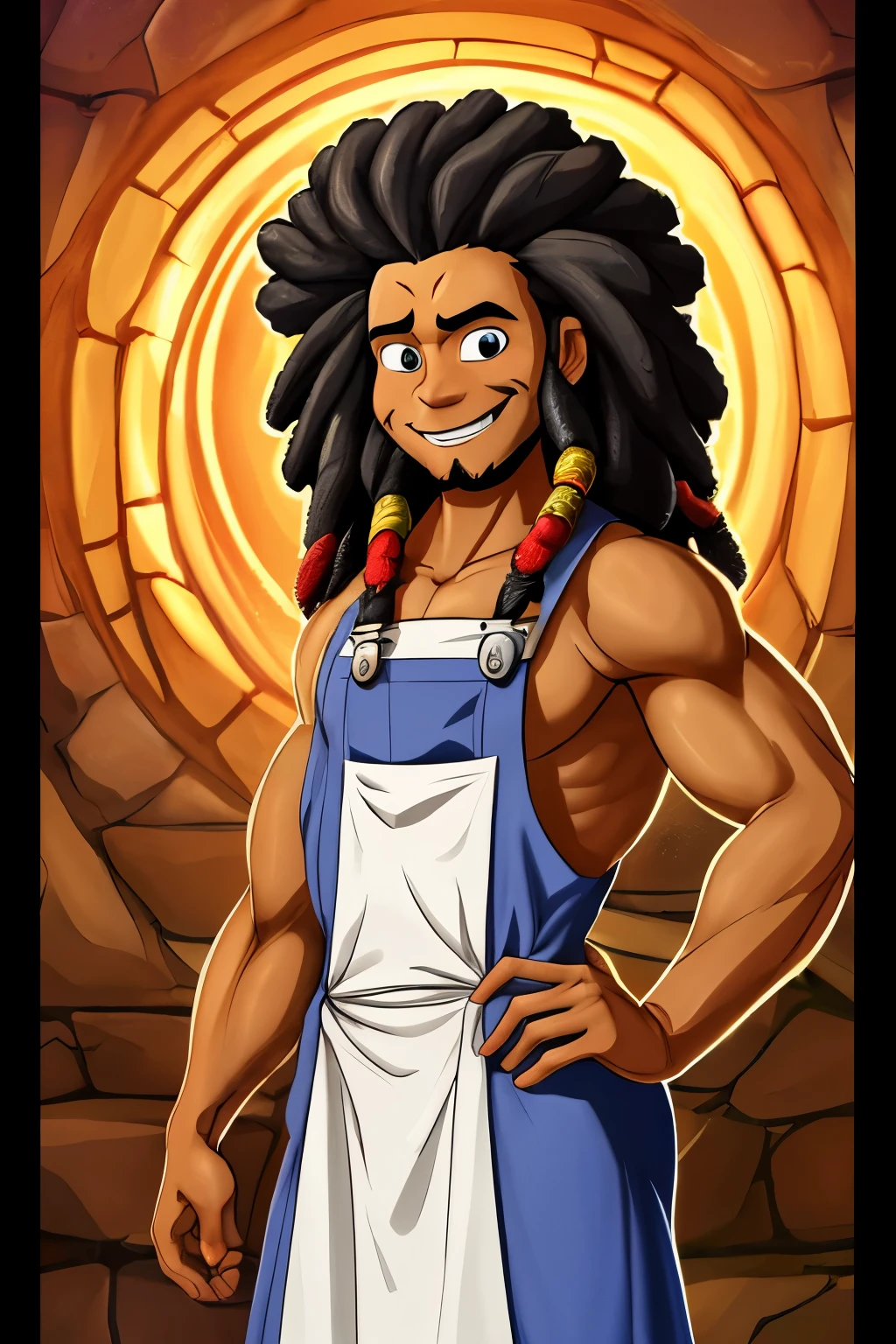 Qualidade de arte original, imagem de corpo inteiro, Disney character animation style,   ,negro Moreno mulato,cabelo afro jovem e bonito caindo para frente, Rasta type but braided, JESUS DEUS, standing posture, hands naturally placed on both sides, olhando para frente, soft smiling expression, olhos cheios de luz, luz de fundo azul, translucid, com luz como tema, the focus of light is on the characters, the overall picture is fresh and bright.