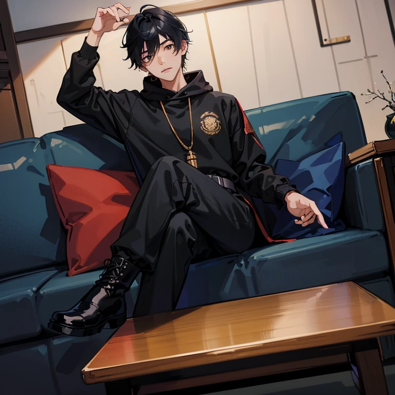 1 Korean young man,20yr old,Hair is medium length,Tall,Black sweatshirt,black long pantlack military boots,sitting in the couch,Put your feet on the ground,Lift one foot,badass anime4k,handsome anime pose,looking to the camera,POV perspective