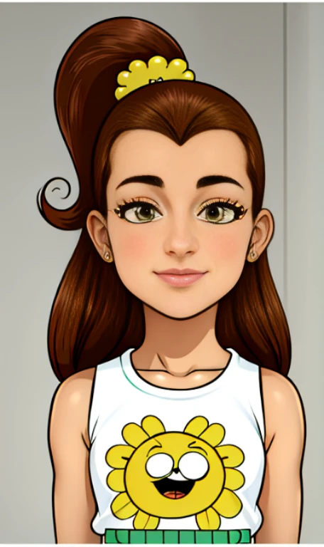 Disney style cartoon of a white girl with brown hair and brown eyes , with a black t-shirt that says "ARCOR"