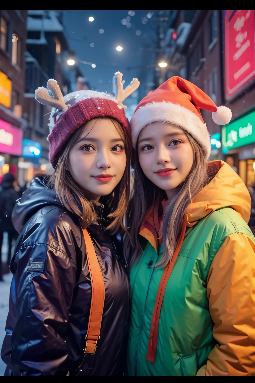 All faces must be different,super big eyes,two girls,detailed faces,beautiful eyes,open shoulders,dynamic pose,snowman,Chirstmas hats,A cozy Christmas village nestled in a snowy forest,