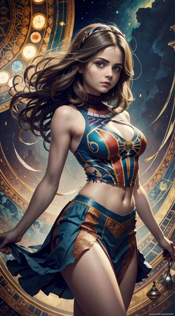 Jenna Louise Coleman、Sticking out the navel、newyork、She wears a torn Spider-Man suit,wearing skirt、abstract photorealistic、artistic、Alphonse Mucha's painting(masterpiece、top-quality、hight resolution:1.4)、detaileds、複雑なdetaileds、4K、color splashes、line-drawing、Fibonacci、