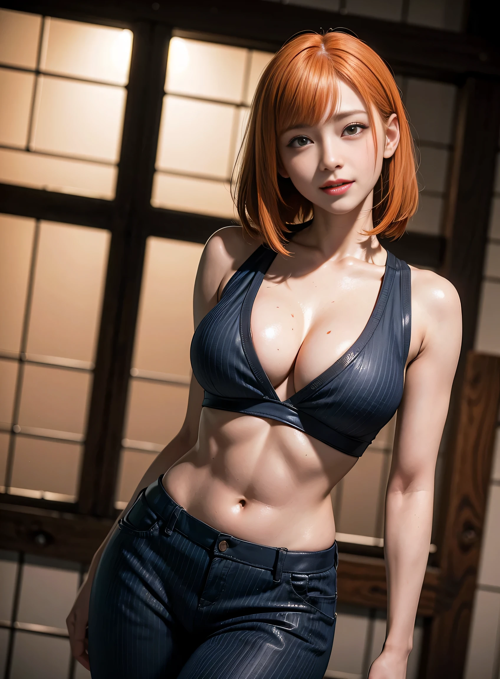 sfw, Prison School, Hana Midorikawa realistic version, wearing a provocative outfit, open prison jumpsuit, sweaty punctuated medium breasts, sweaty face, yellow iris eyes, short schoolgirl pants flying, sensuality and elegance, pose for photo, prison outfit, striped blouse in prison, super realistic and detailed, prison saddle, short straight orange hair with short straight bangs, kinky smile, kinky look, Full HD, best quality, a masterpiece, professional lighting, realistic style, wearing bra,((skinny waist)), young asian girl, ((big boobs)),