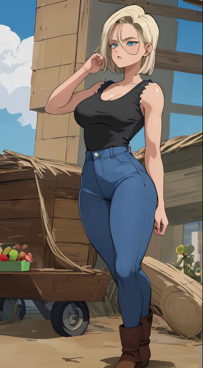 ((master part,best quality)), cabelos loiros, cabelo amarelo, absurdos, android_18_.DB, Denim Jeans Pants, camisa manga longa listrada, colete jeans azul, sozinho, cara de choro, Olhando para o horizonte, cowboy shot, cinematic  composition, dynamic pose, corpo inteiro, bota marrom, perfil lateral, mostrando o lado da perna, mostrando lateral, de lateral, standing on her feet, corpo inteiro, Denim Jeans Pants azul, reflexo, cabelos curtounda grande), (decote), cintura fina,(peitos grandes), pernas abertas lateralmente, brilho no corpo