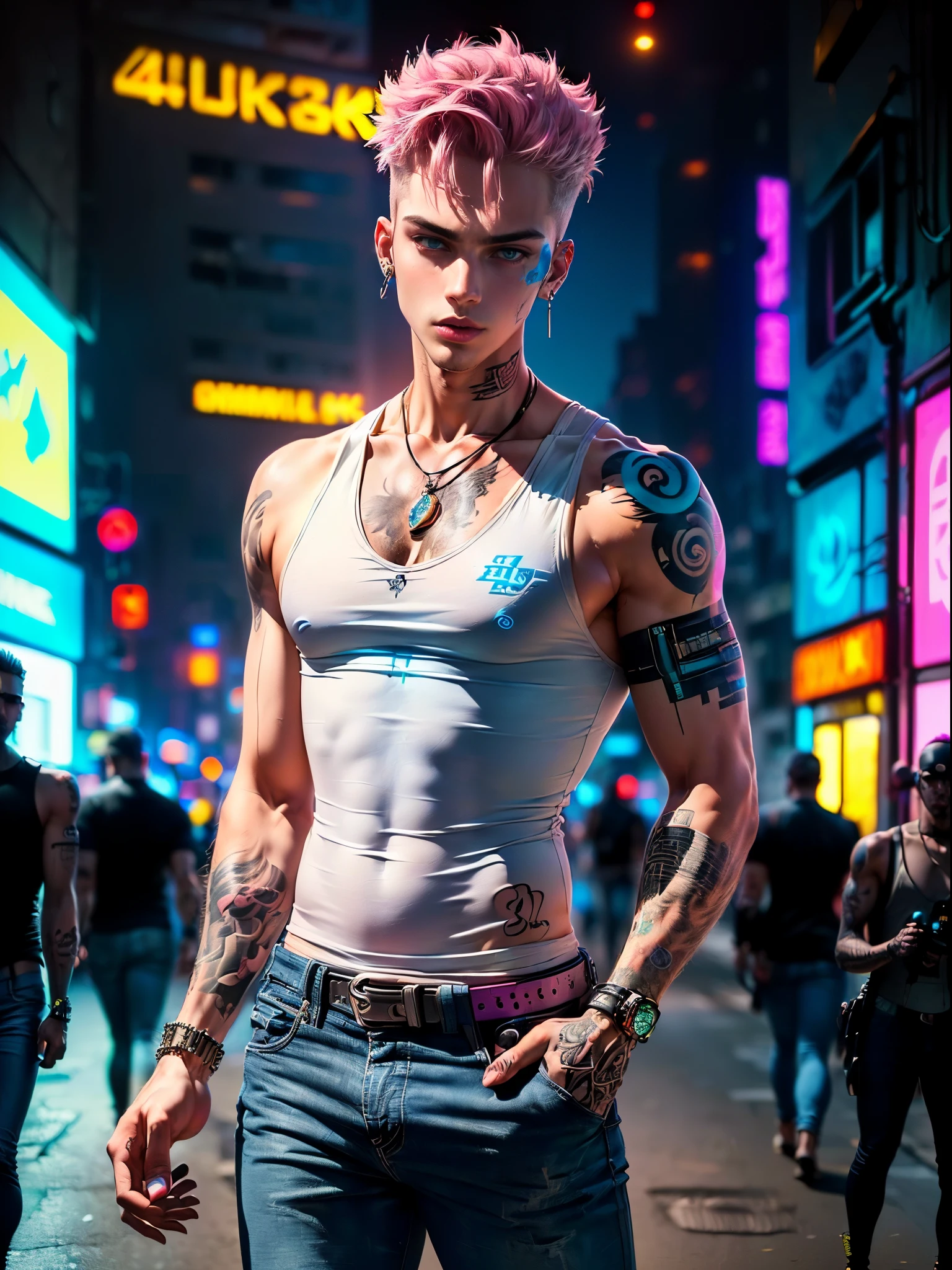 (best quality: 1.5), (Masterpiece: 1.5), (very high detailed: 1.5), (4k resolution: 1.5), 1boy, (21 years old: 1.2), (cyberpunk boy: 1.5), (beautiful white boy: 1.6), (tall boy: 1.3), (seductive blue eyes: 1.4), (very short pink hair: 1.4), (colorful tattoos on hands and neck: 1.4), (cyberpunk city: 1.4), (wear tank top men: 1.4), (wear blue jeans: 1.4), (earrings: 1.4), (wide lips: 1.5), (perfect photography: 1.4)