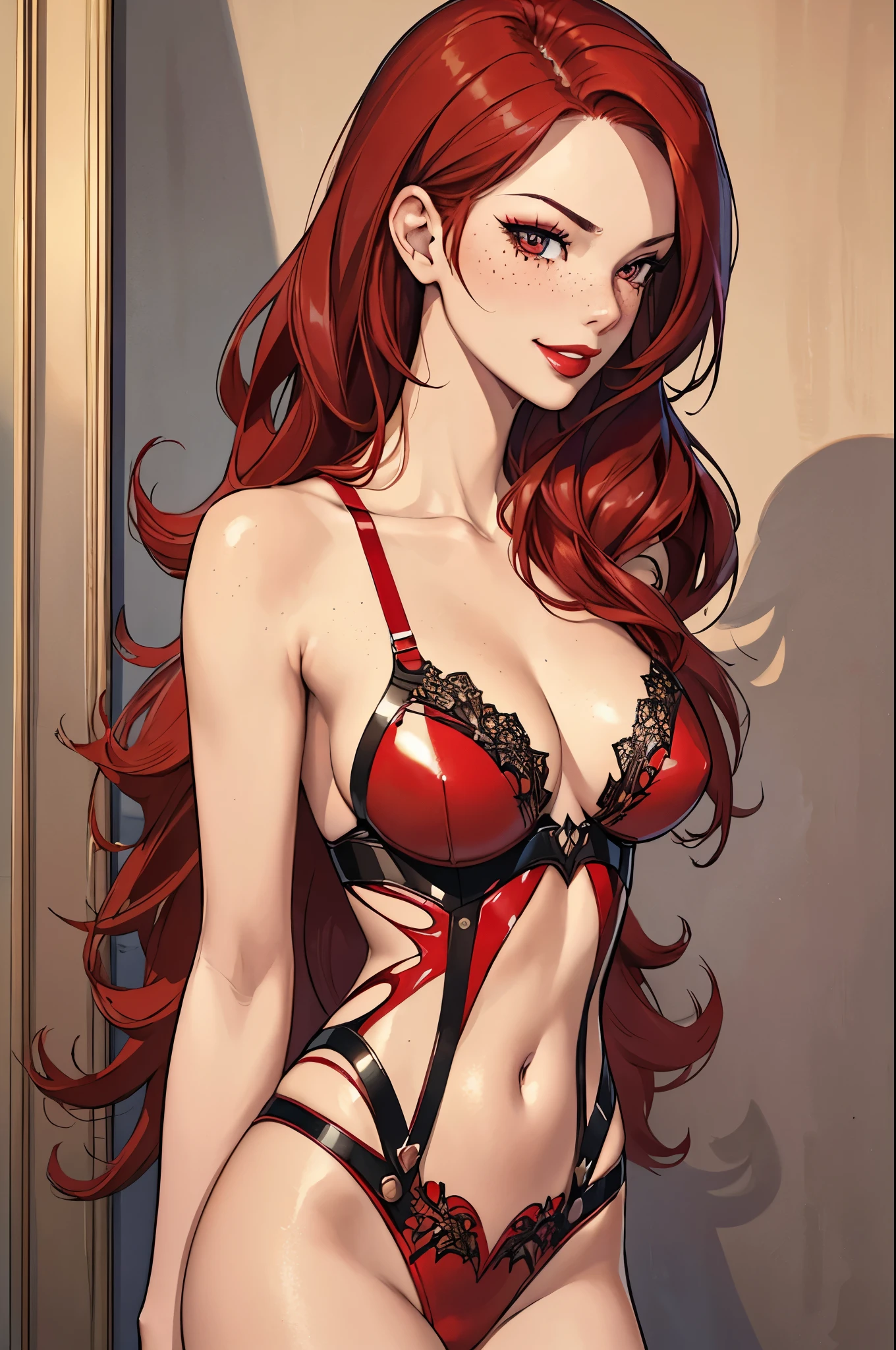 1girl,a beautiful fashion model ,(masterpiece, detailed background, best quality),shiny hair, red hair,smirk,juicy lips,red lips, lingerie, stripping, elegant makeup, exhibitionism, torn spiderman outfit, Persona3Mitsuru, art by j scott campbell, freckles, girl in a dynamic pse, shiny skin, confident expression, smirk