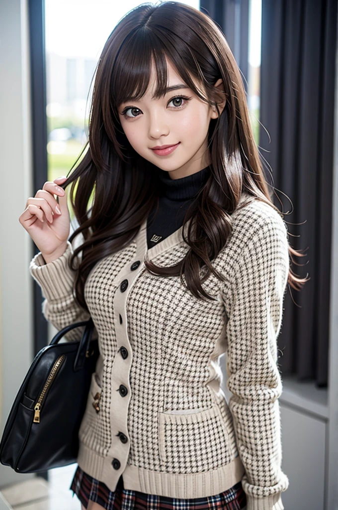 The prettiest girl who works as a gravure idol, with shiny brown hair, she is seductive in a down jacket, cute houndstooth miniskirt, and black pantyhose. She smiled confidently, posing professionally for the camera. Her fashion and facial expressions, the exquisite balance of cuteness and elegance, draw the viewer in and never let go. Through this scene, her charm is expressed to the fullest.