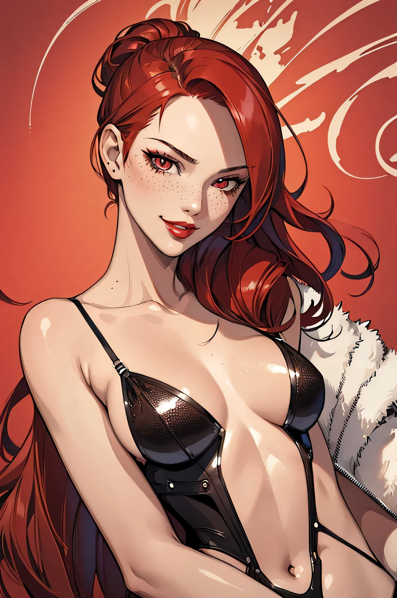 1girl,a beautiful fashion model ,(masterpiece, detailed background, best quality),shiny hair, red hair,smirk,juicy lips,red lips, lingerie, stripping, elegant makeup, exhibitionism, torn spiderman outfit, Persona3Mitsuru, art by j scott campbell, freckles, girl in a dynamic pse, shiny skin, confident expression, smirk