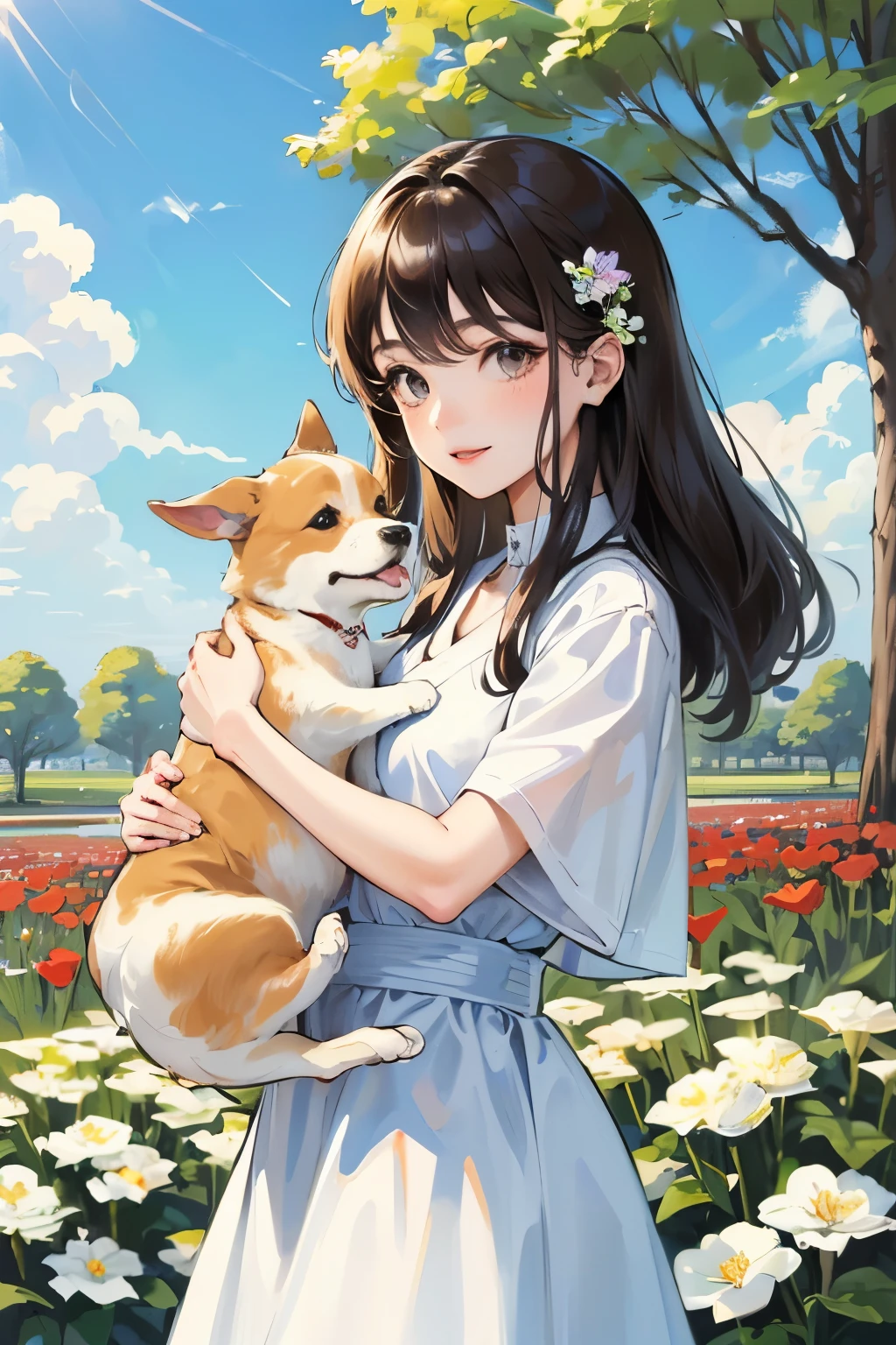 ((best quality)), ((masterpiece)), (detailed), a young asian girl looking happy and carrying a brown and white corgi puppy in a flower garden with blue skies