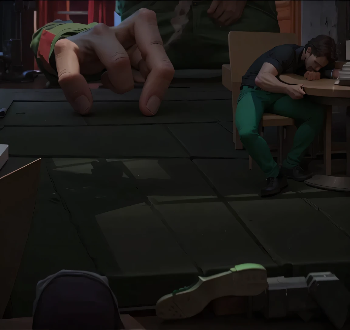 Best quality, epic shadows, 3d render, solo gigant hand without person, guy on right with green pants sleeping on table
