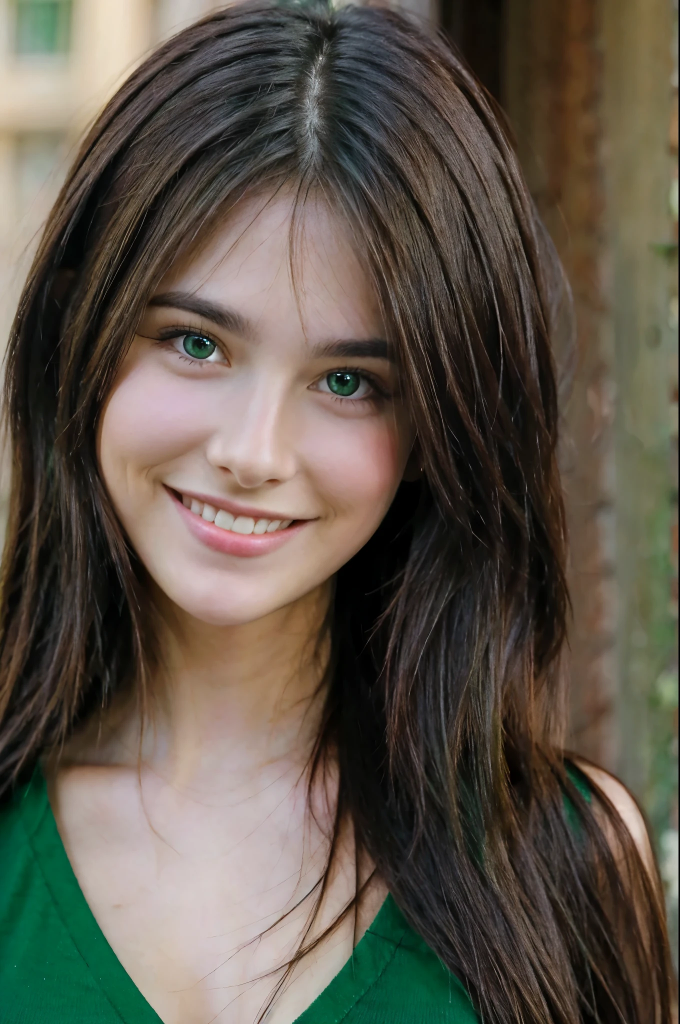 Beautiful brunette smiling, green eyes, long hair, front face