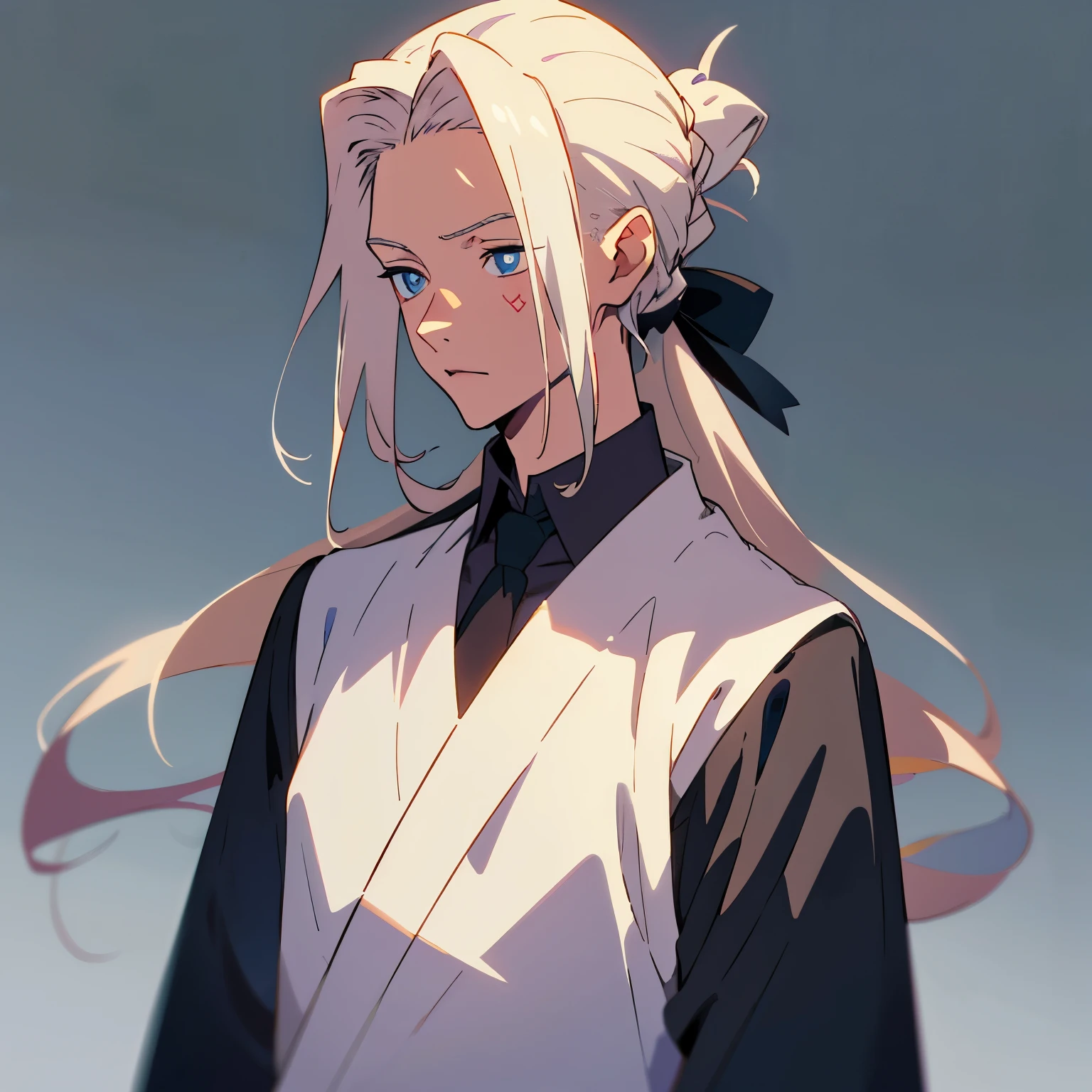 Create an anime character for me. Platinum blonde hair, long hair style with a man bun. He is a teenager, around 19 years old. He has blue eyes, and rose tattoos on his neck. Make him wear a gray sweater. White background.