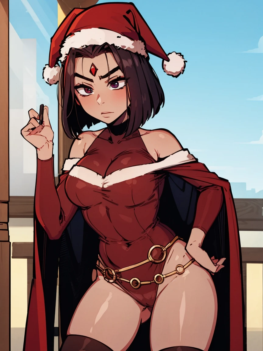 Raven, santa outfit, red jewel on forehead, santa hat, detailed