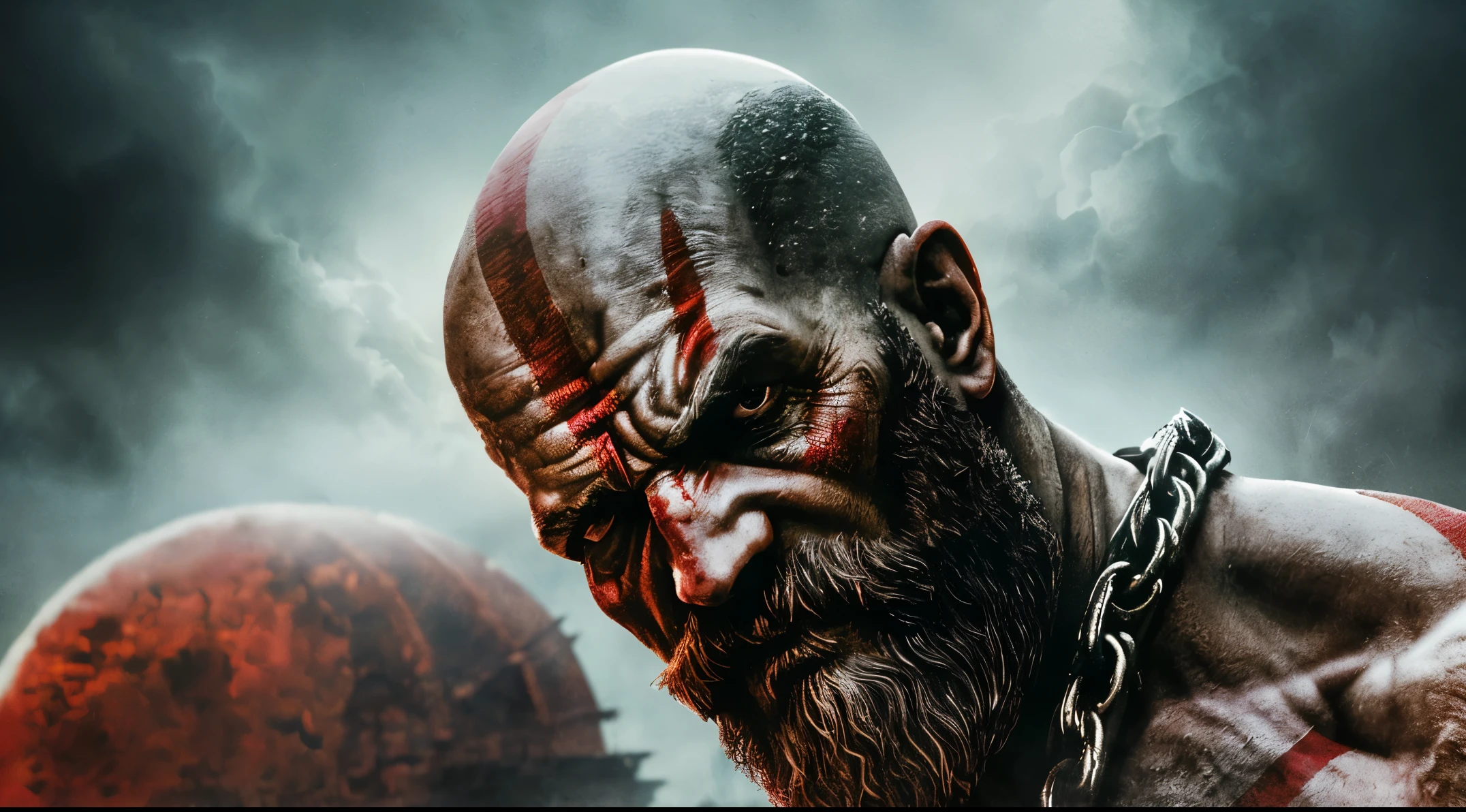 best quality, highres, (realistic:1.37), ultra-detailed, kratos god of war ragnarok with a sad look, haunted by his old memories, [dark], [emotional], detailed facial features, (intense expression), powerful muscular body, (warrior:1.1), (god:1.1), (angry:0.9), (tattooed:1.1), (battle scars:1.1), [ruined environment], crumbling ruins, [ominous atmosphere], flickering torches, (sinister shadows:1.1), (thunderstorm:1.1), (rainy:0.9), (ancient:1.1), (mythical creatures:0.9), (mythology:1.1), (weapons:1.1), (chains:1.1), (smoke:1.1), (ash:1.1), (vengeful:1.1), (tragic:1.1), (epic:1.1), (mythical:1.1), (brooding:1.1), (despair:1.1), (memories:1.1), [emotive background music], (dramatic lighting:1.1), (contrasting colors:1.1), [dynamic composition], (epic scale:1.1), (atmospheric:1.1), (mysterious:1.1), (tense:1.1), (intense:1.1), (epic battle:1.1), [imposing], (destructive:1.1), majestic surroundings.