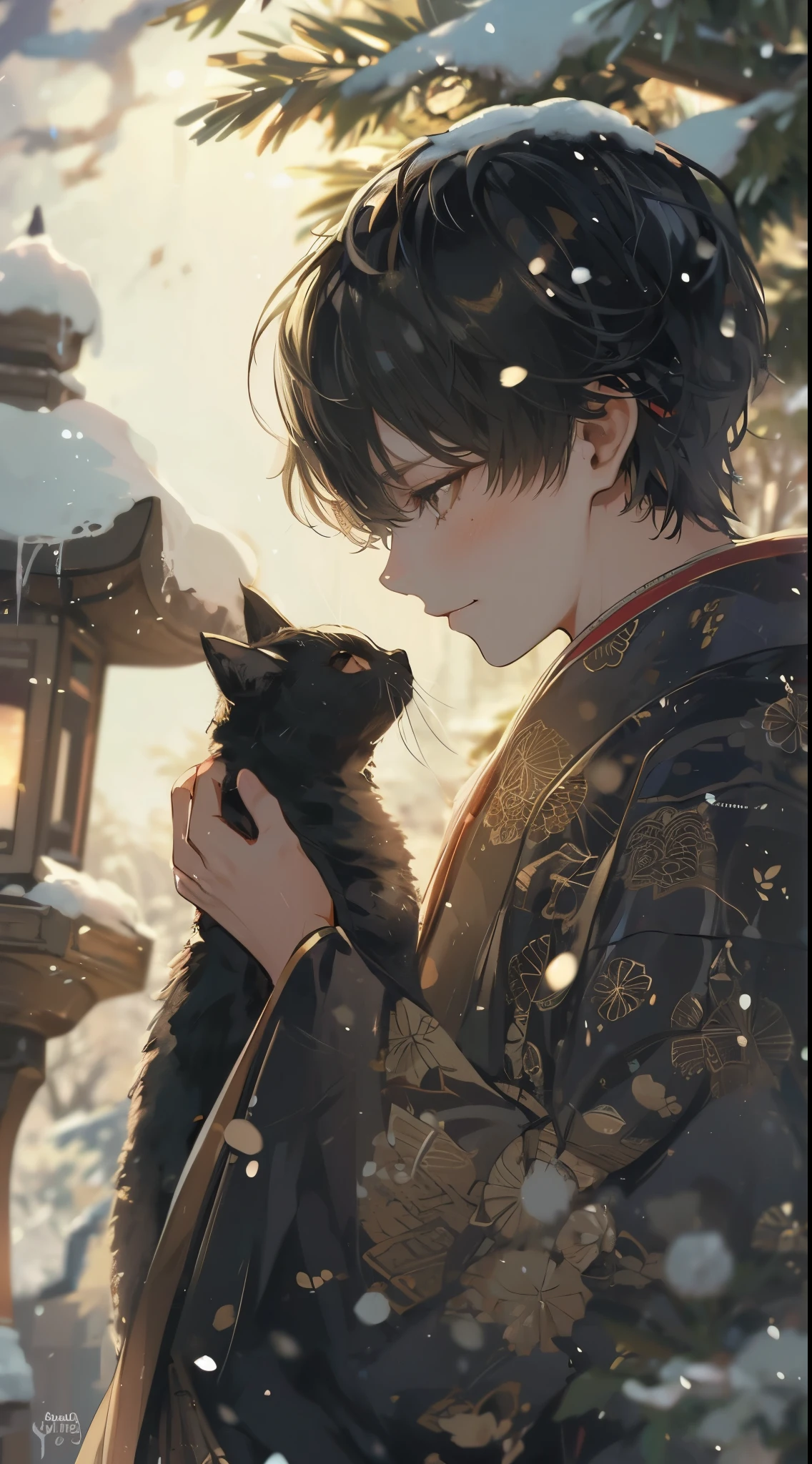 A handsome young man celebrates the New Year in a traditional Japanese setting. The moment just before he picks up a black cat and kisses it. A quiet garden covered with snow. The garden has a small pine tree and a stone lantern covered with snow, softly illuminated by the early morning light of the New Year. His features are smooth black hair, styled in a classic style, and deep brown eyes that reflect the hopeful beginning of the New Year
