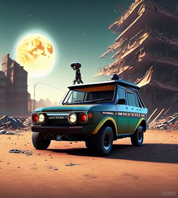 a futuristic version of classic lada 4x4 Niva car, destroyed apocalyptic city background,simon stalenhag style, sci-fi,moon shine lights, realistic, high detail, 4k