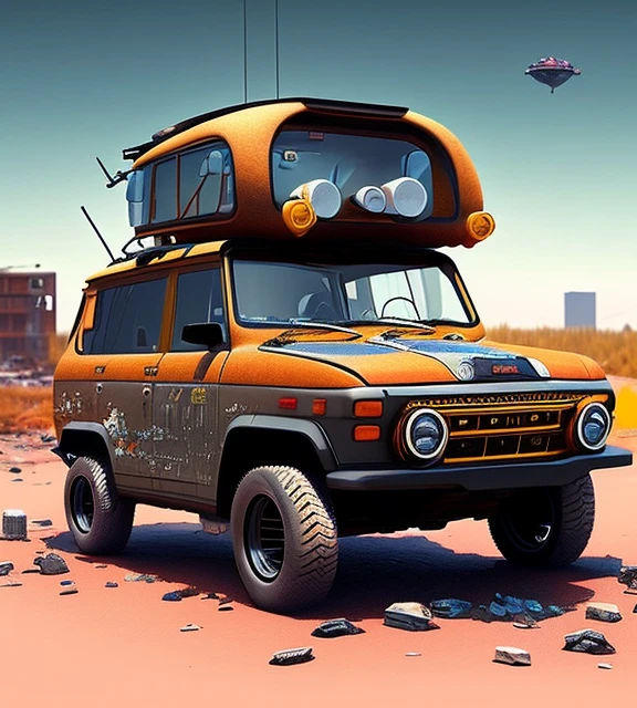 a futuristic version of classic lada 4x4 Niva car, destroyed apocalyptic city background,simon stalenhag style, sci-fi,moon shine lights, realistic, high detail, 4k
