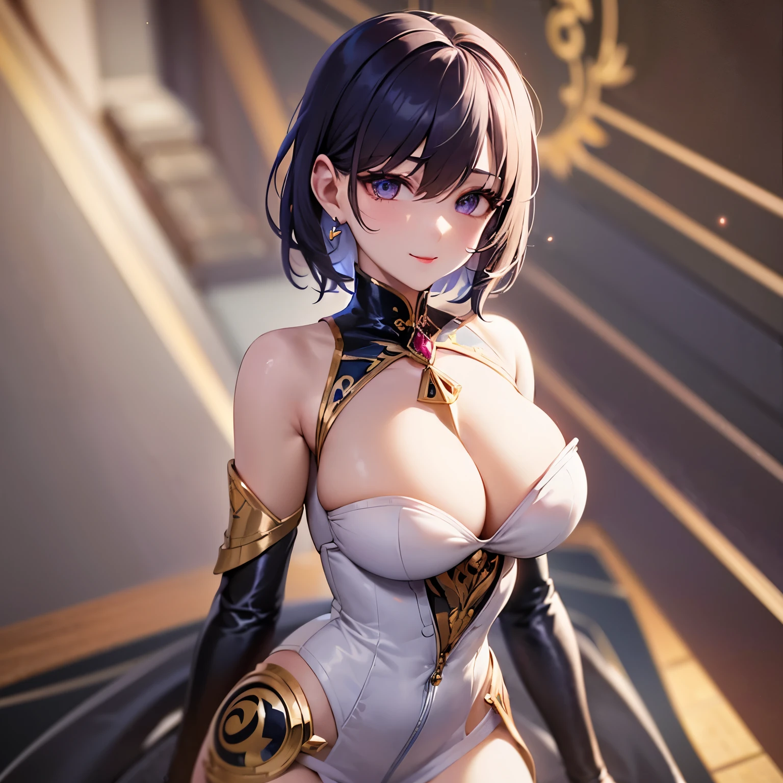 ((Raw photography,top-quality,hight resolution,Ray tracing,nffsw,Best Quality,Post-processing,portlate.3D,PureErosFace_V1:0.7,),(( Shiny white leather bondage costume,golden luxury embroidery,white bdsm,mistress,Bold figure,tight skirts,)))((((short hair hair,Emphasize cleavage,huge tit:4.0,Thin leg,Otto&#39;s eye,Elaborate depiction of limbs,a small nose,Have a perfect body,sleeveless,)))),((tthin eyebrows,long eyelashes,smil,二重まぶた,Vibrant eyes，looking down on viewers,red lipsticks,)),Create beautiful light effects on the background,Light Particle Filter,(finerly detailed face:1.3),chies