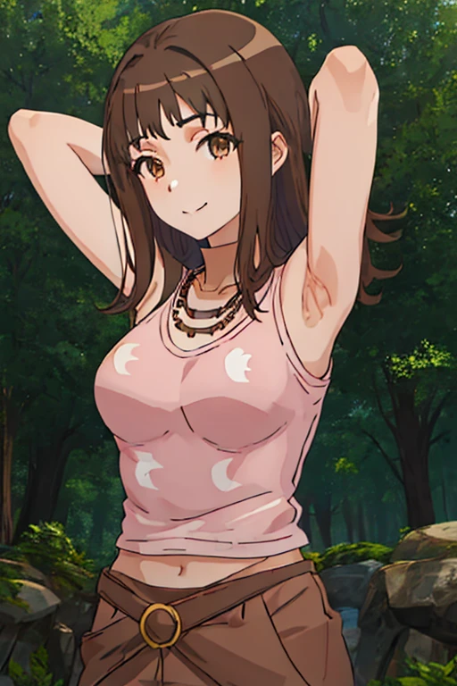 best quality, masterpiece, highres, solo, {itsuwa_toarumajutsunoindex:1.15}, brown_eyes, brown_hair, short_hair, 1girl, jewelry, necklace, long_hair, looking_at_viewer, close_mouth, upper_body, anime_coloring, shirt, contrapposto, spread armpit, arms behind head, solo, forest, night, smile,