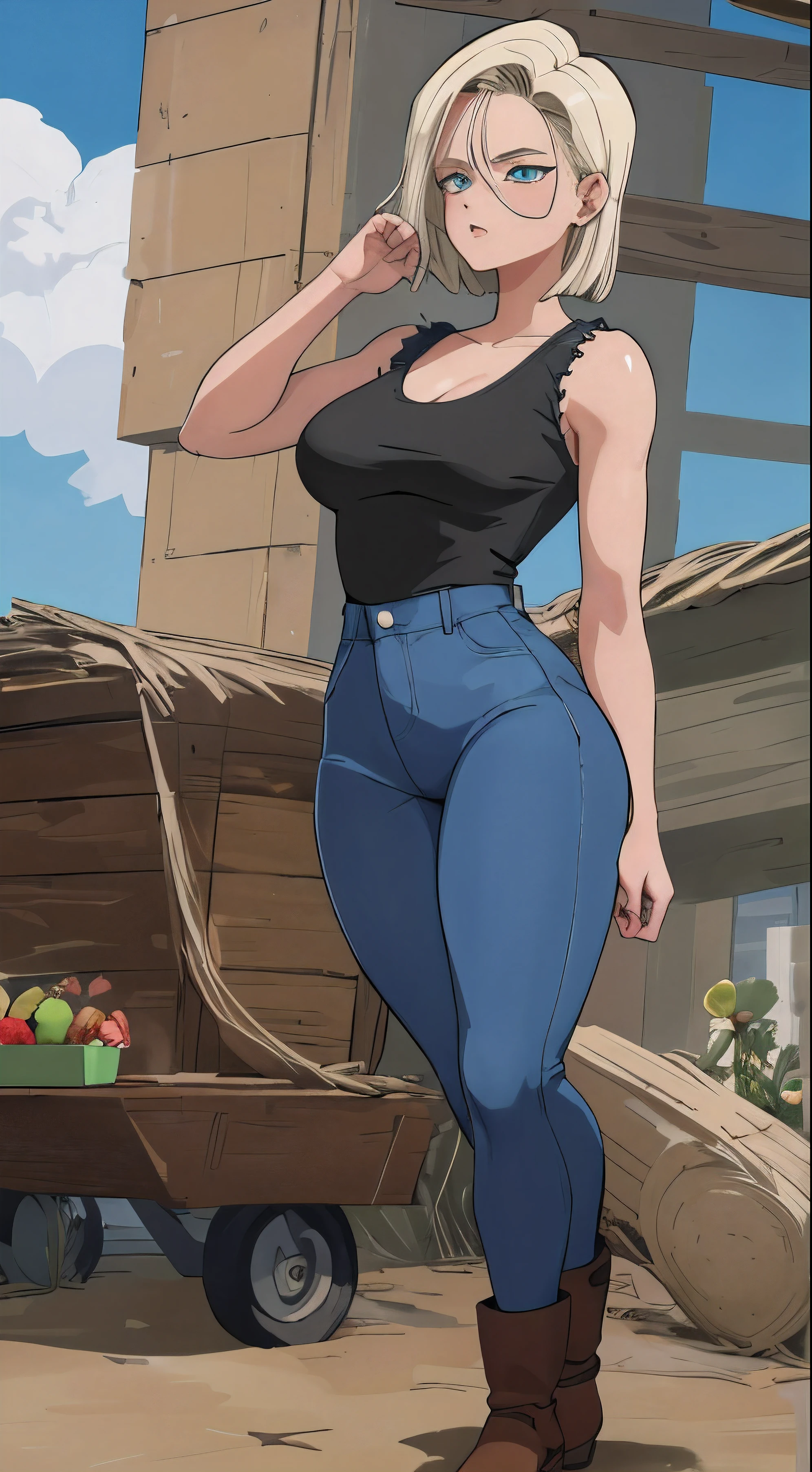 ((master part,best quality)), cabelos loiros, cabelo amarelo, absurdos, android_18_.DB, Denim Jeans Pants, camisa manga longa listrada, colete jeans azul, sozinho, cara de choro, Olhando para o horizonte, cowboy shot, cinematic composition, dynamic pose, corpo inteiro, bota marrom, perfil lateral, mostrando o lado da perna, mostrando lateral, de lateral, standing on her feet, corpo inteiro, Denim Jeans Pants azul, reflexo, cabelos curtounda grande), (decote), cintura fina,(peitos grandes), pernas abertas lateralmente, brilho no corpo
