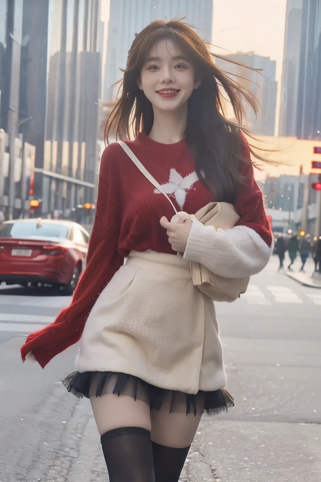In the gorgeous cityscape on Christmas night, Imagine a brunette woman around 28 years old....., My hair is unkempt、She is wearing a Santa-style miniskirt and black tights.。.。.。.。.. Her bright smile conveys the feeling of fun as she hands out presents to viewers...... The color palette should primarily feature red and green, Express your vibrant holiday spirit.