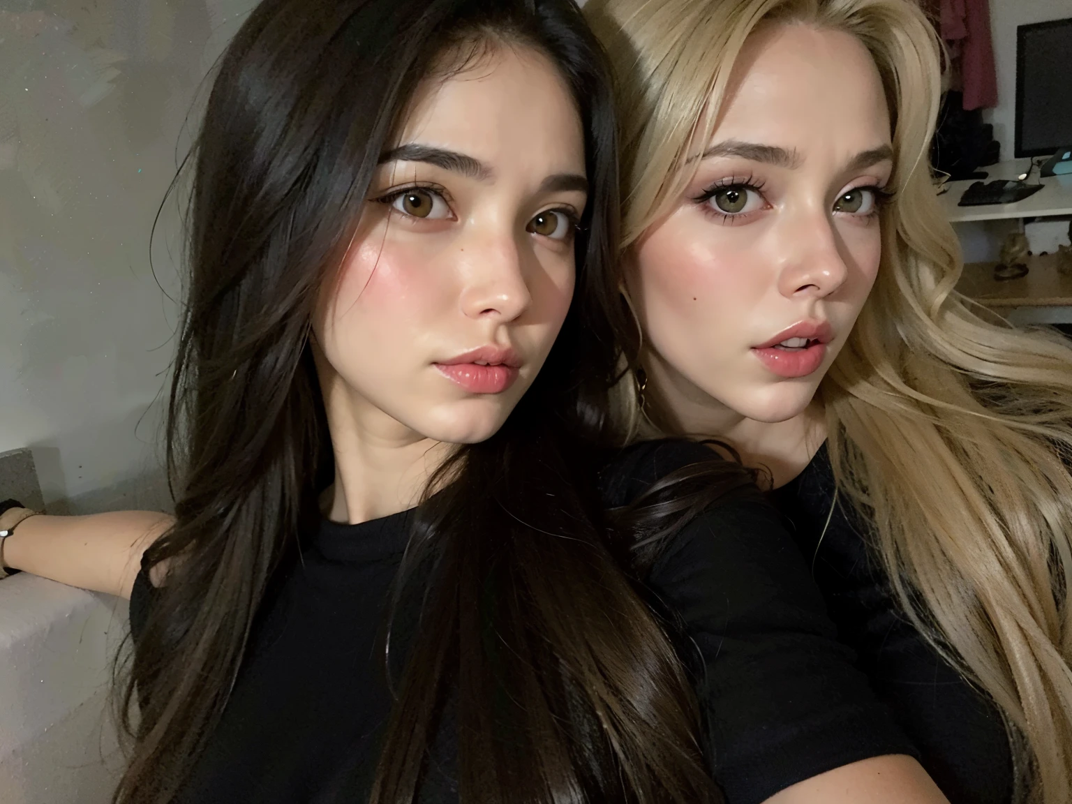 Duas mulheres com cabelos longos posando para uma foto em um espelho, uma loira e uma morena, Duas ******s, Yelena Belova, dois modelos no quadro, Anna Nikonova aka Newmilky, Beautiful girls, Taran Dasha, ava max, beautiful gemini twins, Viktoria Gavrilenko, foto de perfil, imagem de perfil, Rostos lindos, rostos perfeitos