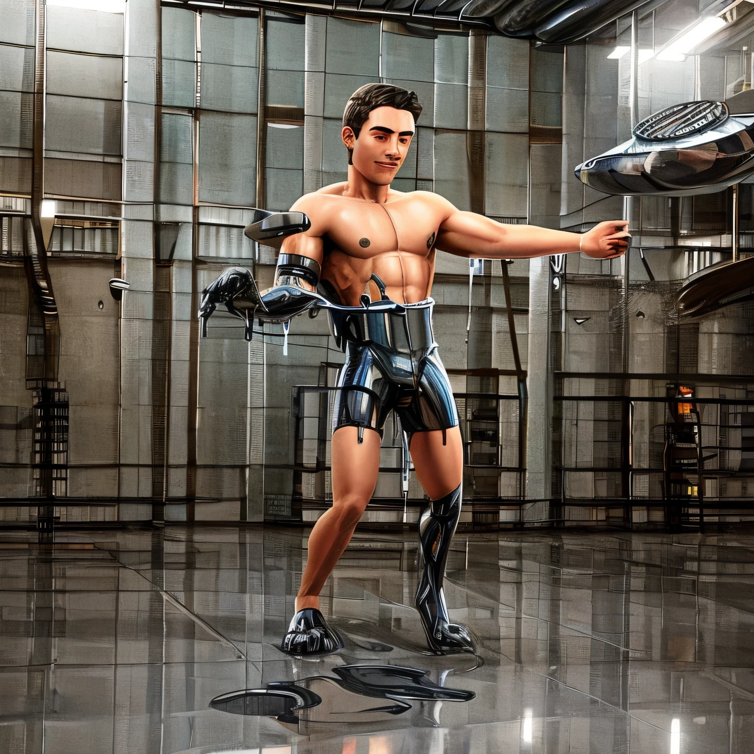 Hd cinematic photorealistic, human helicopter hybrid metamorphosis, a man coated in liquid metal goo emerging from a liquid metal nanite reservoir inside military hanger, human Apache helicopter hybridization, safe for work
