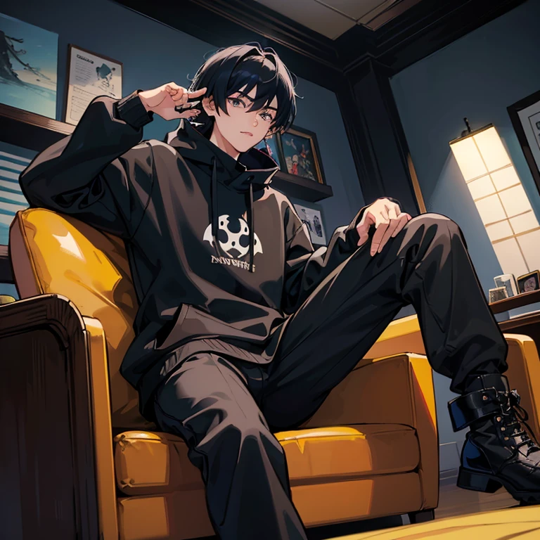 1 Korean Youth，20yr old，Hair is medium length，tall，Black sweatshirt，black trousers and combat boots，sitting in the couch，put two feet on the ground，Lift the toes of one foot，Badass anime 4k，handsome anime pose，looks into camera，POV perspective，Laugh terrily