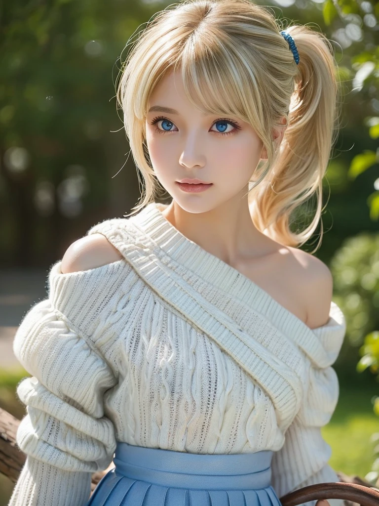 bright expression、poneyTail、Young shiny shiny white shiny skin、Best Looks、The reflected light of dazzling white blonde hair、Light blonde hair with dazzling highlights、shiny bright blonde hair,、Super long silky straight hair、Beautiful bangs that shine、Very beautiful bright light blue eyes that shine、very big eyes、Very beautiful lovely cute 16 year old blonde girl、Lush bust,Beautiful detailed light blue eyes, beautiful detailed nose,(( Full body:1.25)),Makeup that the eyes emphasize、((Mini pleated skirt with many folds)),(Women like Joan of Arc)、Knights, (((Big wooden cane))),Royal style,Comic style, , Sub-surface scattering, ornate detail, nature backdrop, Hyper-realistic, Cinematic, Dramatic Lighting, masutepiece、fluffy hair、((No shoulder knit sweater:1.3))、Ultra-exposed cleavage、((uses magic:1.3))、Gloss Face、cheek highlights、Teak Gloss、