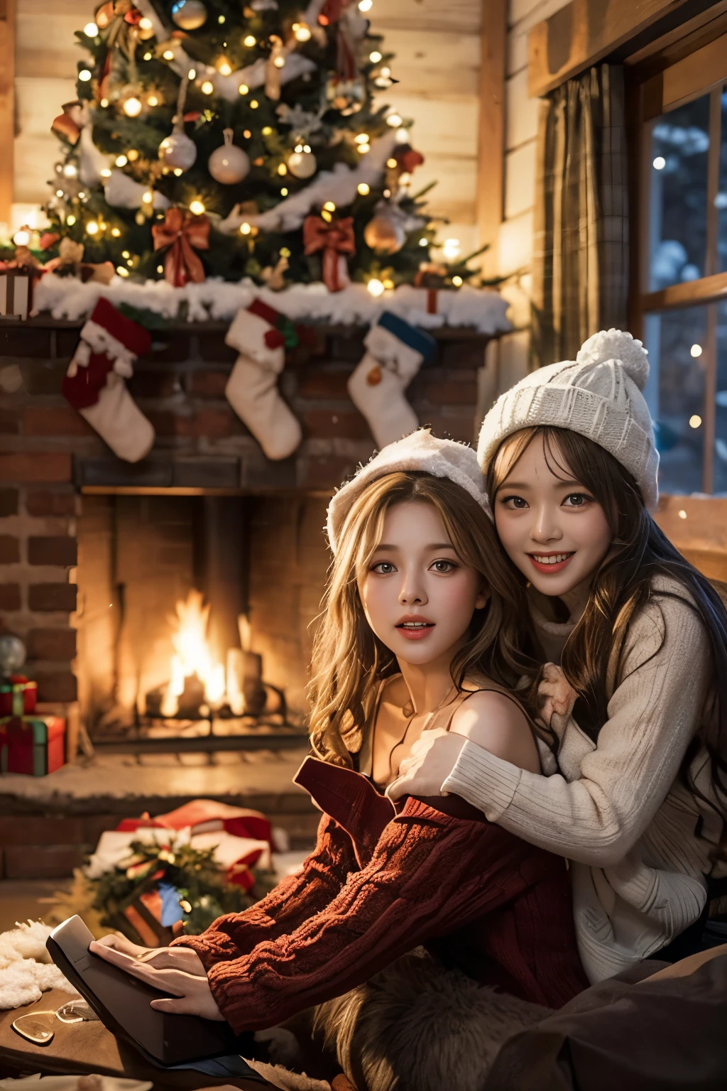 All faces must be different,super big eyes,two girls,detailed faces,beautiful eyes,open shoulders,dynamic pose,snowman,Chirstmas hats,A cozy Christmas village nestled in a snowy forest,