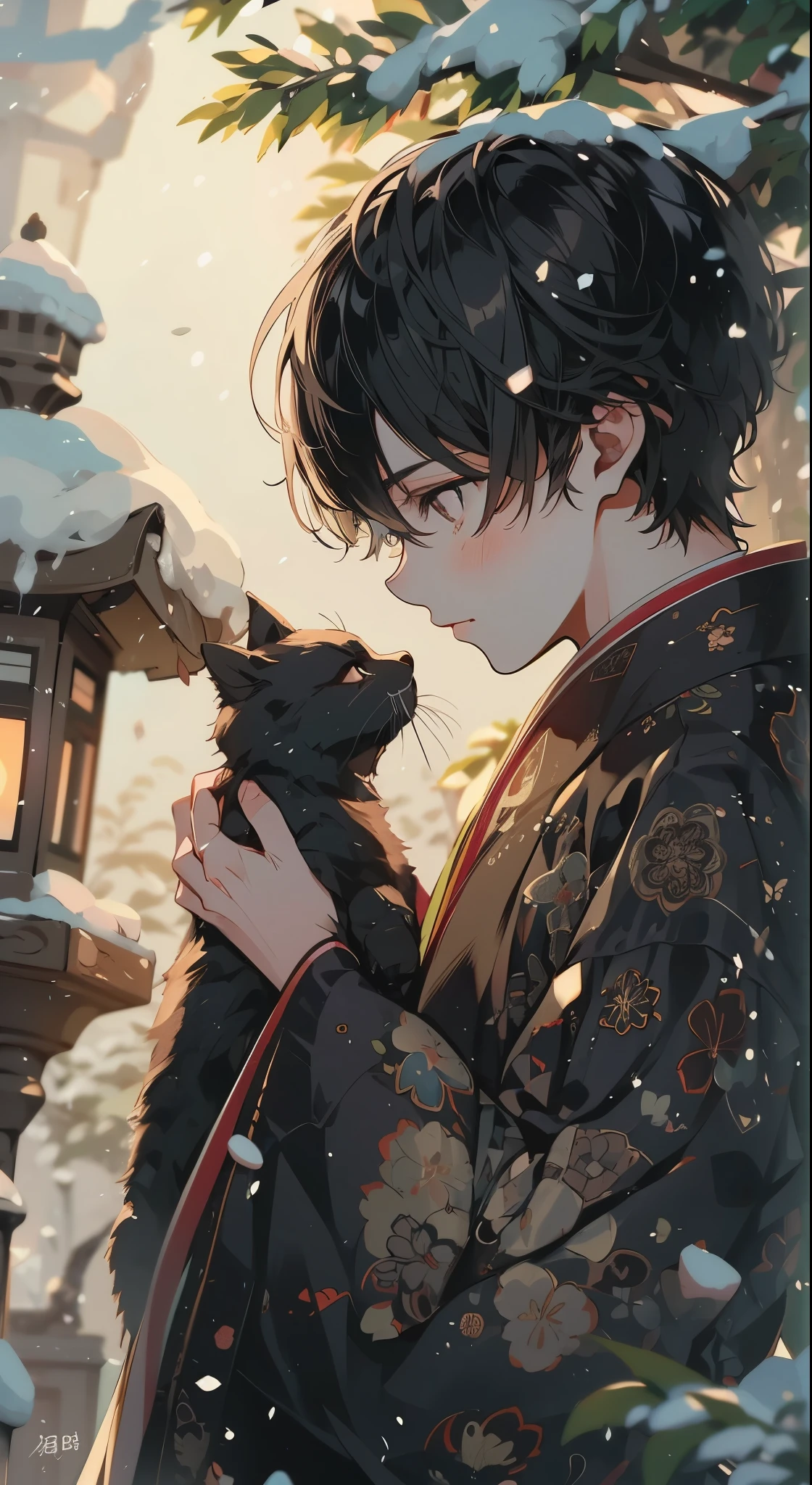 Handsome young man celebrating New Year in traditional Japanese atmosphere. The moment just before picking up a black cat and kissing it. quiet garden covered in snow. In the garden there is a small pine tree and a snow-capped stone lantern.., Softly illuminated by the early morning light of the New Year. Features smooth black hair, Styled in a classic style, Deep brown eyes that reflect the start of a new year full of hope..